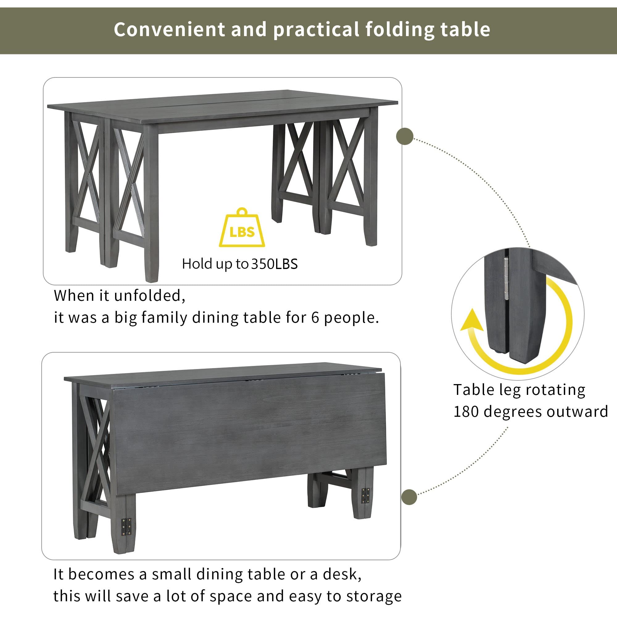 P PURLOVE 6-Piece Foldable Dining Table Set with 4 Chairs & Bench, Solid Wood Farmhouse Kitchen Table in Gray – Perfect for Small Spaces, Family Gatherings & Outdoor Dining