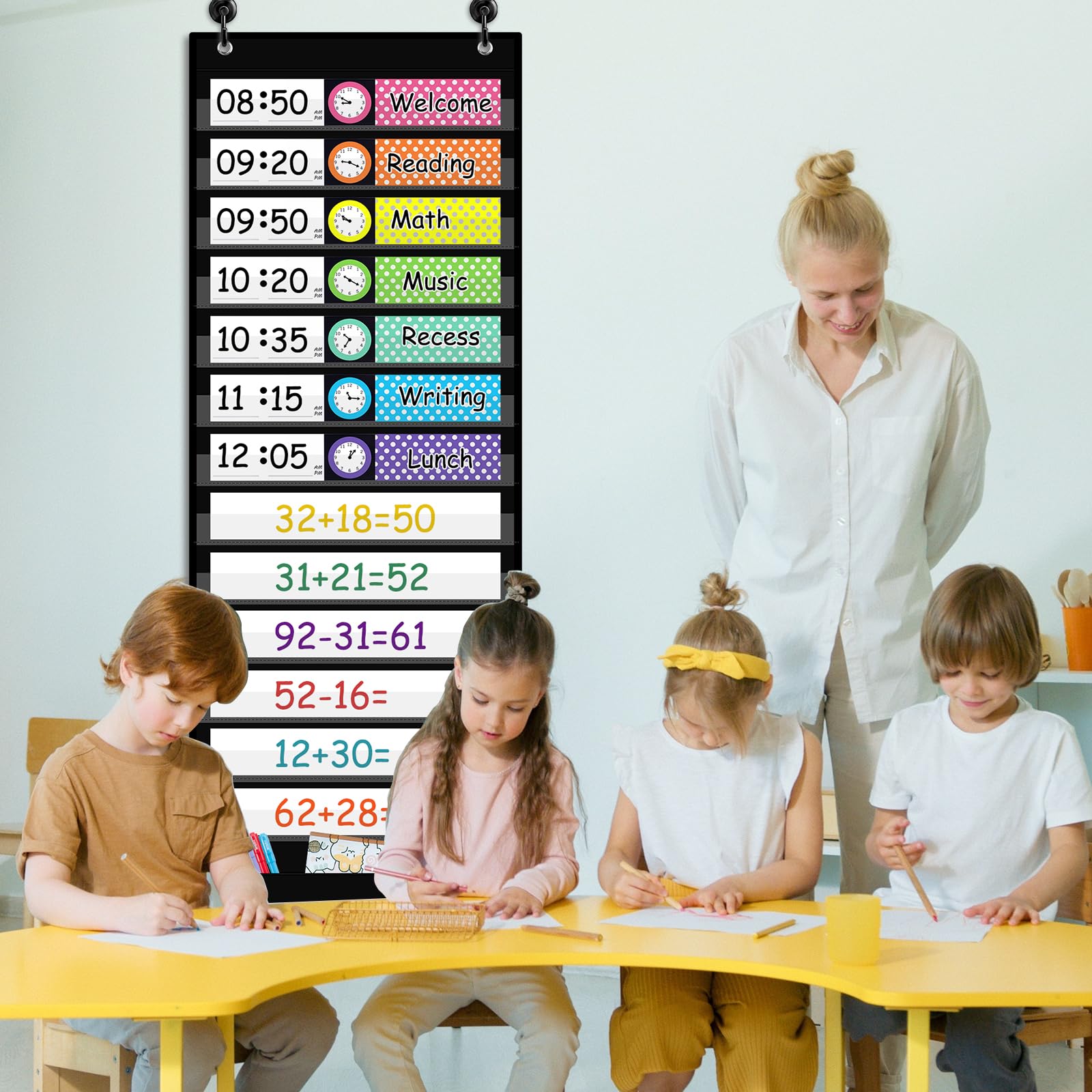 13-Pocket Schedule Chart with Cards & Hooks for Classroom, Home, Office
