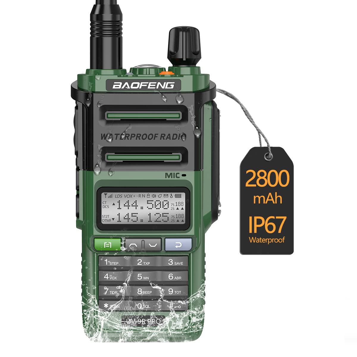 BAOFENG UV-9R PRO Dual Band Two-Way Radio - IP67 Dustproof & Waterproof Walkie Talkie, 5W Long Range Rechargeable Handheld Transceiver (Upgraded Version of UV-9R Plus) - Perfect for Outdoor Adventures, Construction Sites, and Emergency Communication (Green)
