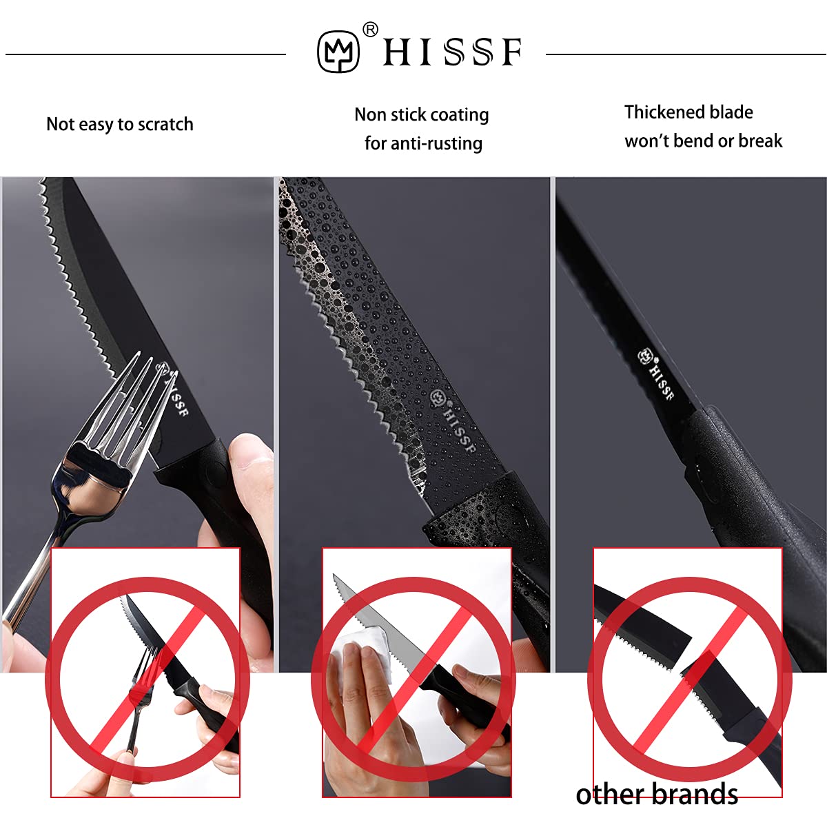 Premium 8-Piece Steak Knife Set - Black Serrated Stainless Steel Blades with Non-Stick Coating (4.5 Inch) - Rust-Resistant Kitchen Cutlery for Restaurants, Home Dining, Camping & Outdoor BBQ Parties