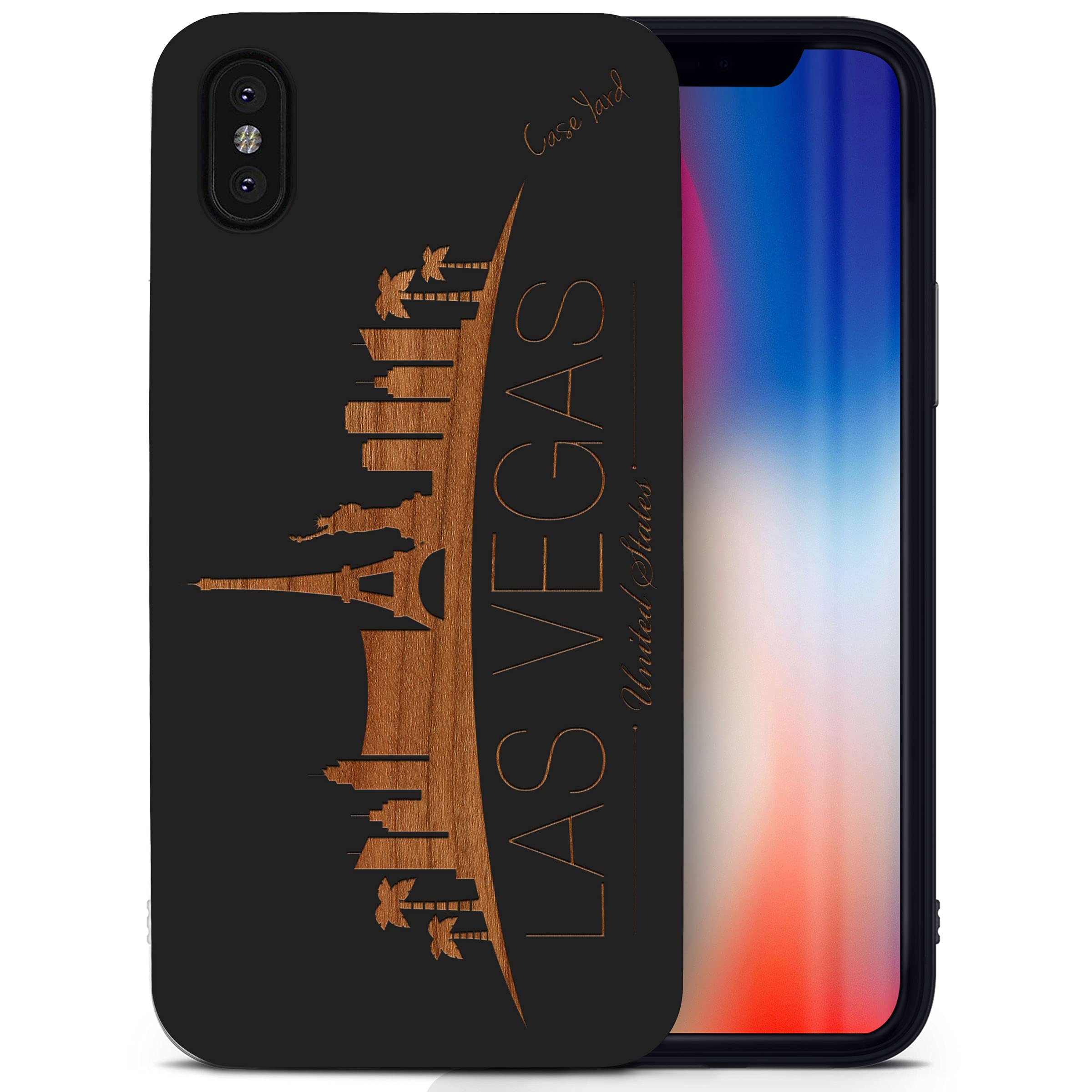 Wooden iPhone X Case - Laser Engraved Las Vegas Skyline Design | Shockproof Slim Fit Protective Cover for Men & Women | Perfect for Travel & Night Out Accessories