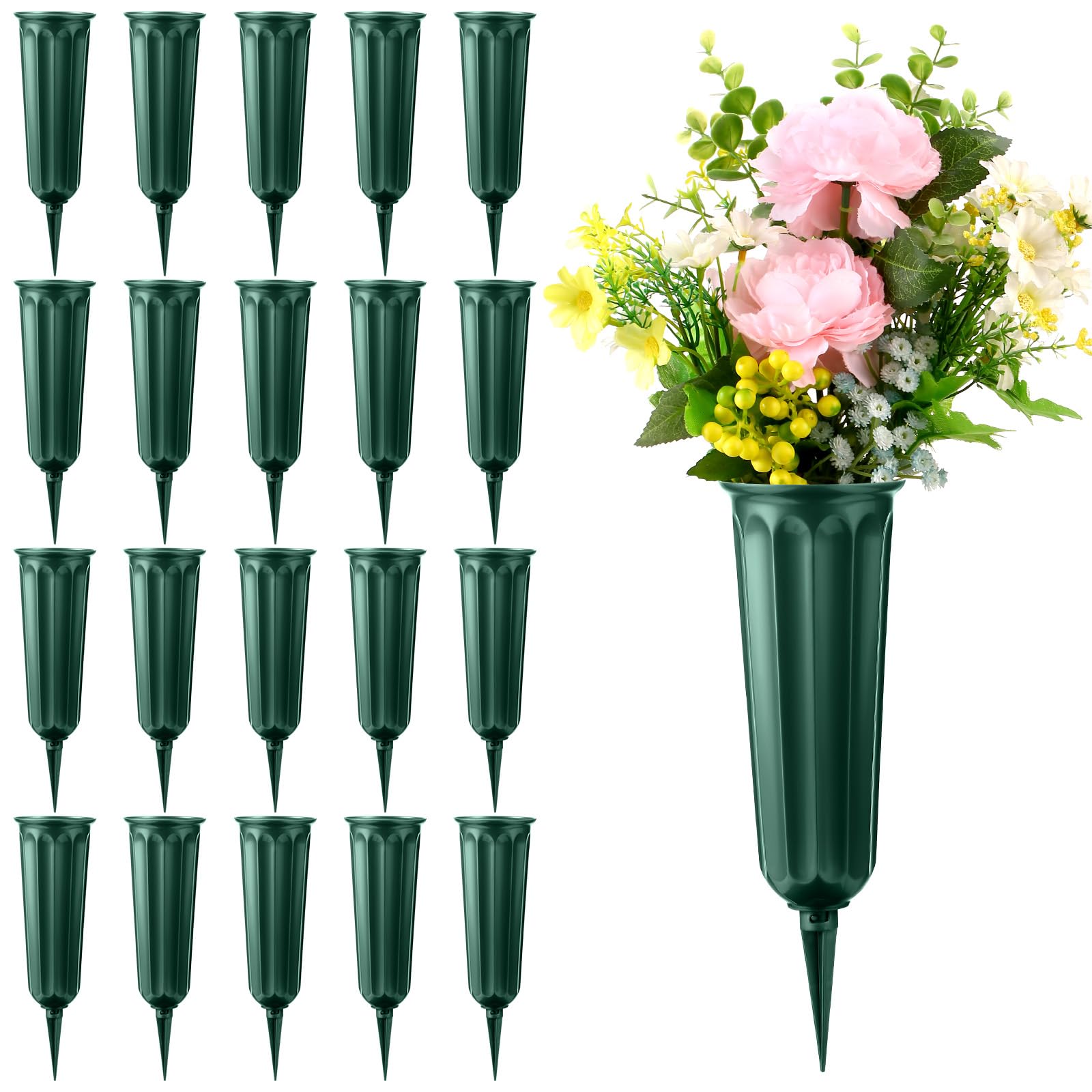20 Pack Green Plastic Cemetery Vases with Spikes - Durable Grave Flower Holders for Memorial Decorations, Floral Arrangement Vases for Headstones - Perfect for Graveside Tributes & Cemetery Displays