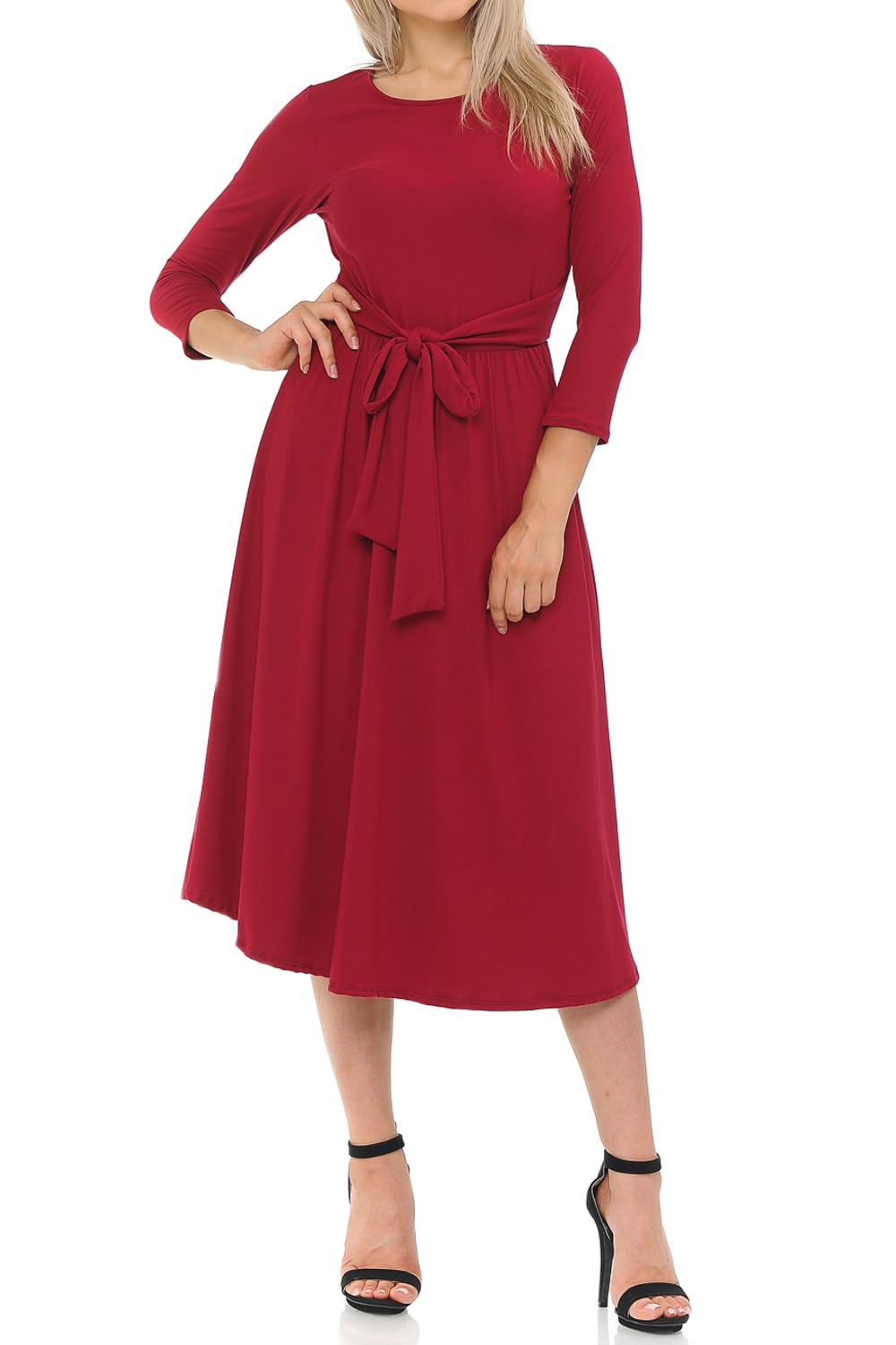 Iconic Luxe Women's A-Line Midi Dress with Waist Tie - Elegant Formal & Casual Wear for Office, Party & Special Occasions