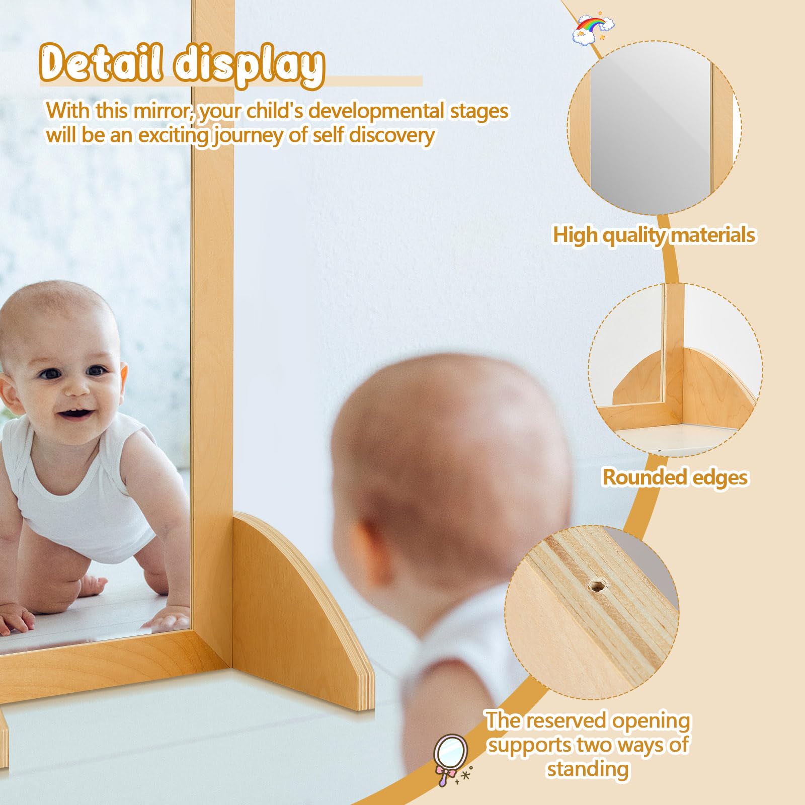 Double-Sided Bi-Directional Montessori Baby Mirror – Shatterproof Acrylic Non-Glass Infant Toddler Learning Mirror with Wooden Frame for Early Walking Development | Safe Nursery Decor & Playroom Activity