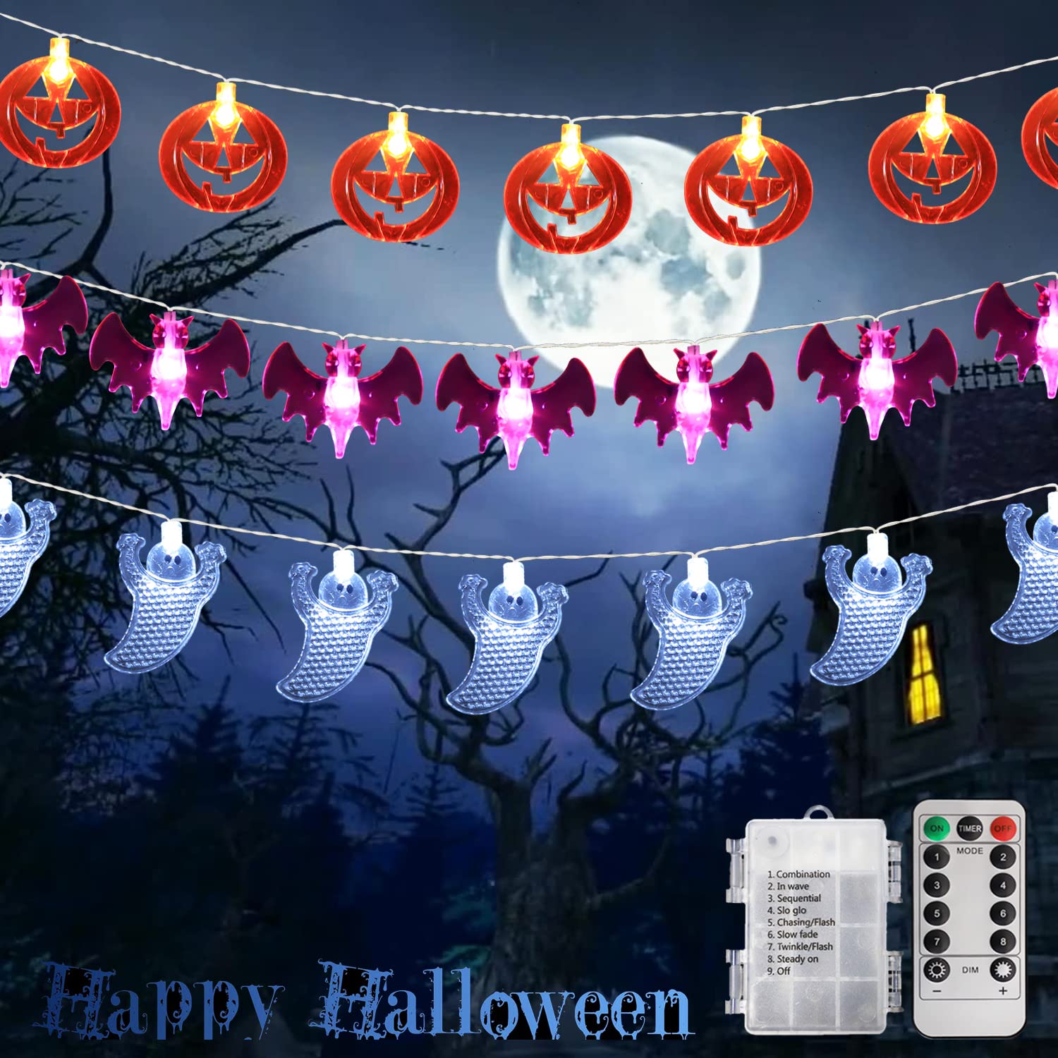 3 Pack Halloween String Lights - 20LED Purple Bats, Orange Pumpkins & White Ghosts Decorations with Remote Control | Waterproof & Battery Operated for Home, Bedroom, Christmas | Perfect for Indoor/Outdoor Halloween Party Decor, Spooky Yard Displays & Seasonal Festive Lighting