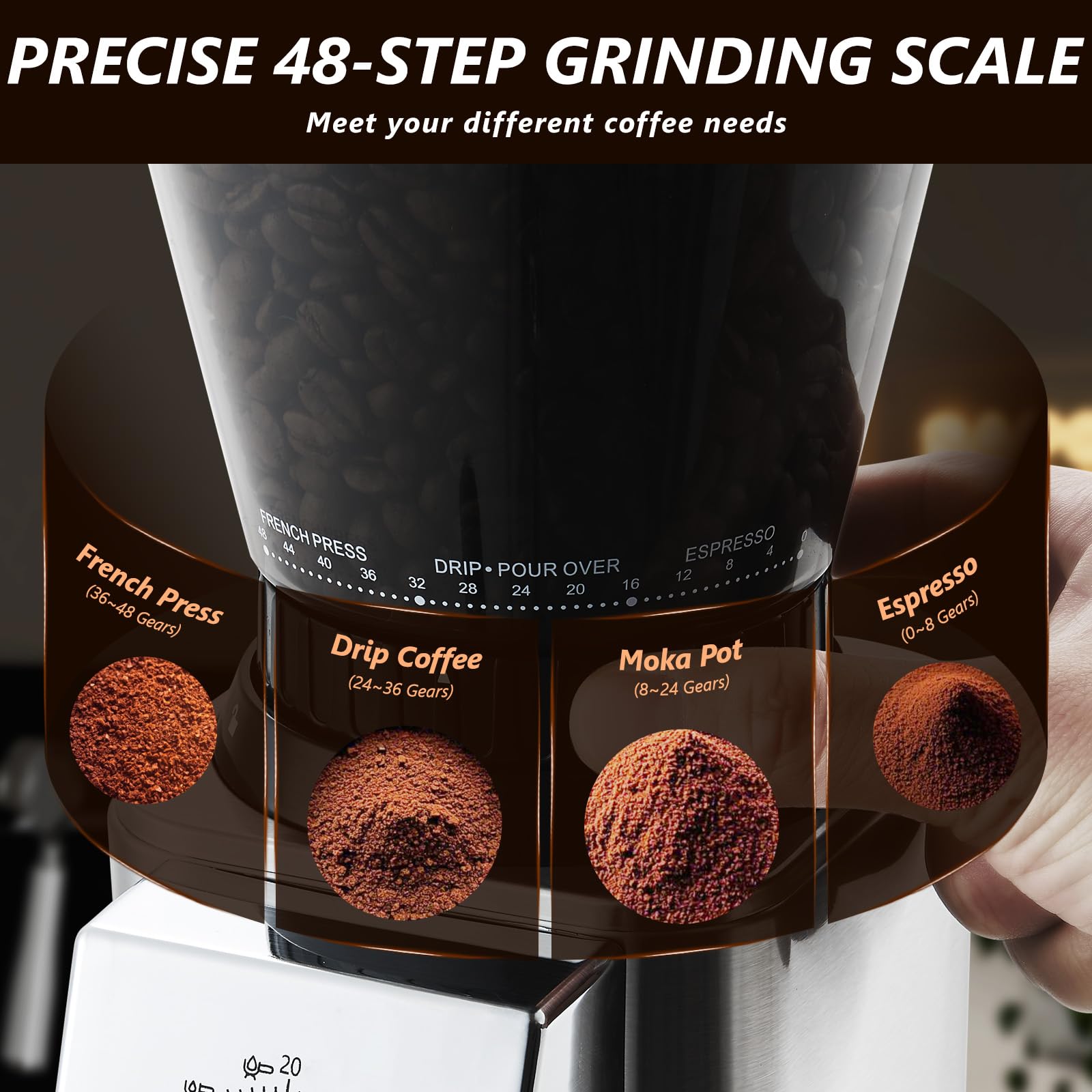 Premium Electric Conical Burr Coffee Grinder for Espresso & Drip Coffee - 48 Precise Grind Settings, Anti-Static Design, Precision Timer - Perfect for Home Baristas & Coffee Enthusiasts (Silver) | Ideal for Freshly Ground Coffee at Home, Office, or Café Use