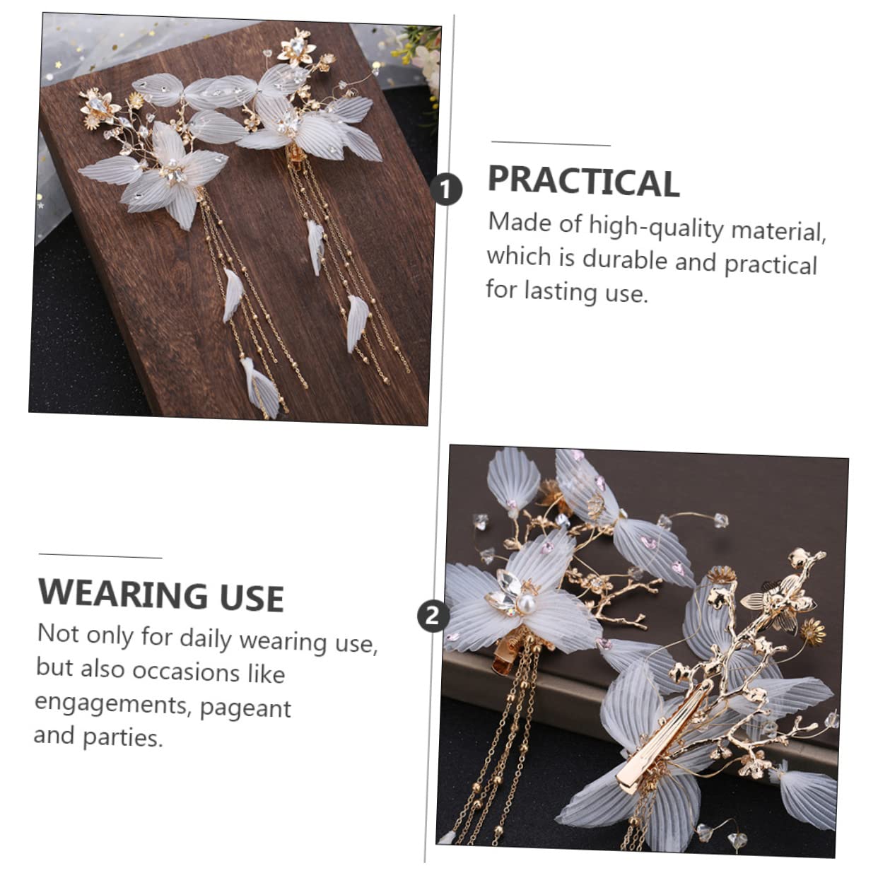 2Pcs Elegant Rhinestone Flower Hair Clips with Tassel - Chinese Style Fairy Headwear for Women & Girls - Bridal Hair Accessories (White) | Perfect for Weddings, Parties & Special Occasions