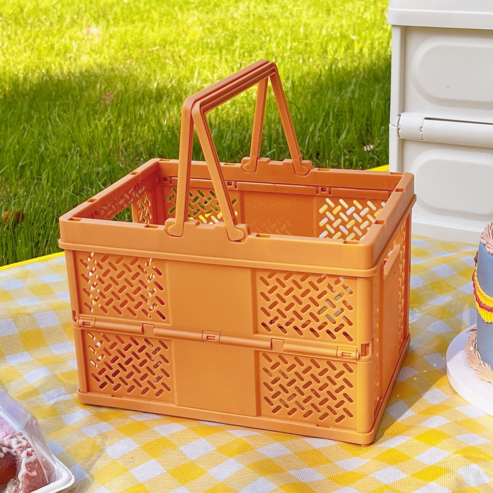 Foldable Shopping Basket with Handles - Collapsible Plastic Storage Basket, Stackable Grocery Container for Kitchen Pantry Organization - Perfect for Supermarket, Home Storage & Laundry (Orange)