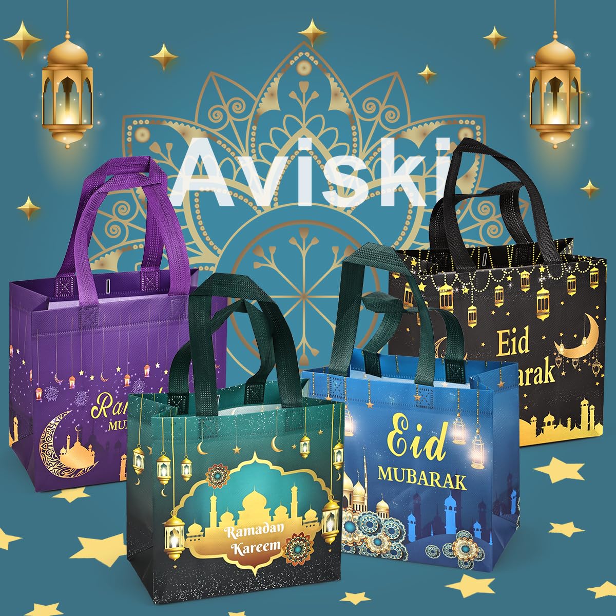 8PCS Reusable Eid Mubarak Gift Bags with Handles - Multifunctional Non-Woven Ramadan Party Bags for Gift Wrapping (9.2