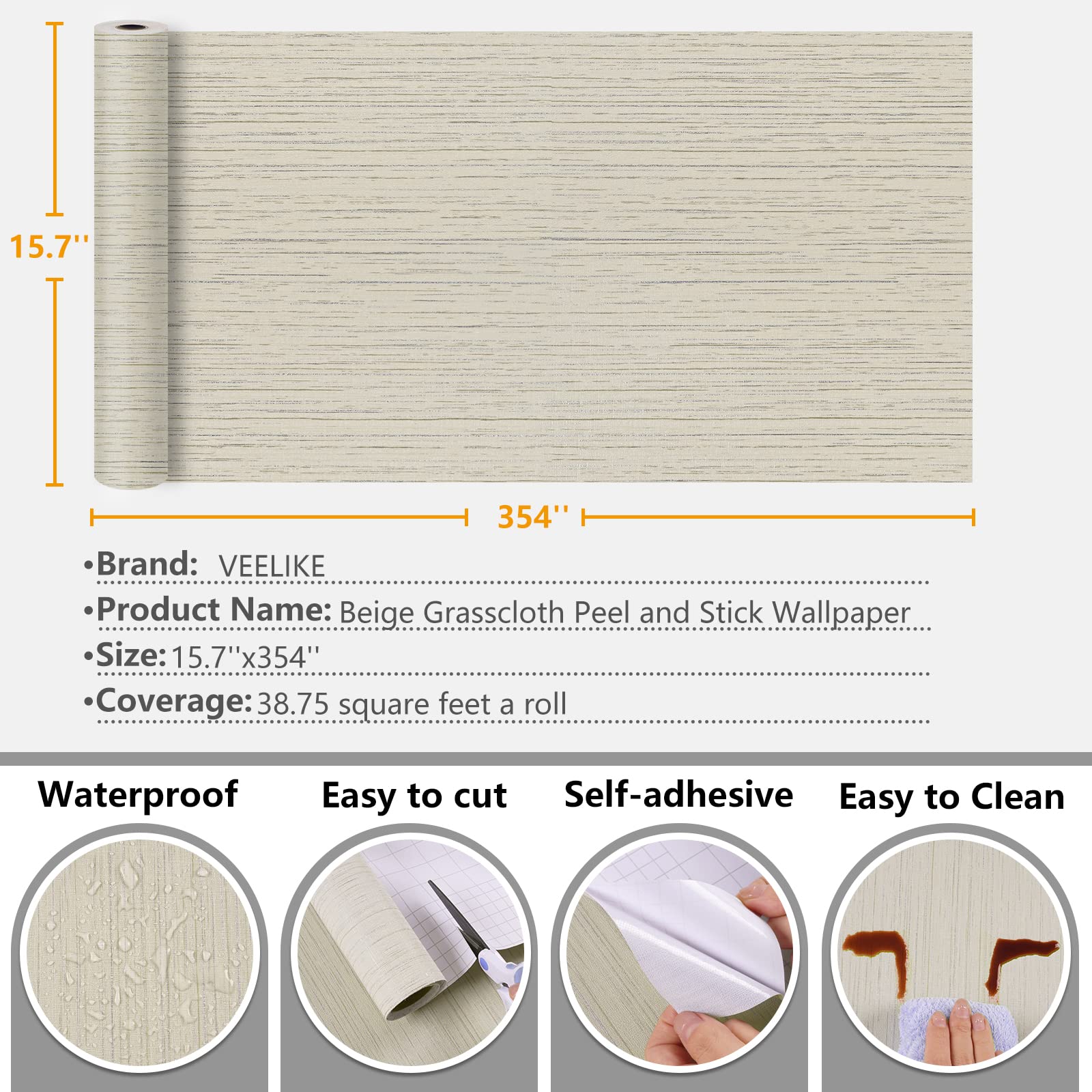 VEELIKE 15.7''x354'' Self Adhesive Removable Grasscloth Wallpaper - Ecru White Textured Peel and Stick Contact Paper for Bedroom, Bathroom, Furniture & Walls | Easy DIY Home Decor Upgrade for Living Room, Kitchen, Nursery