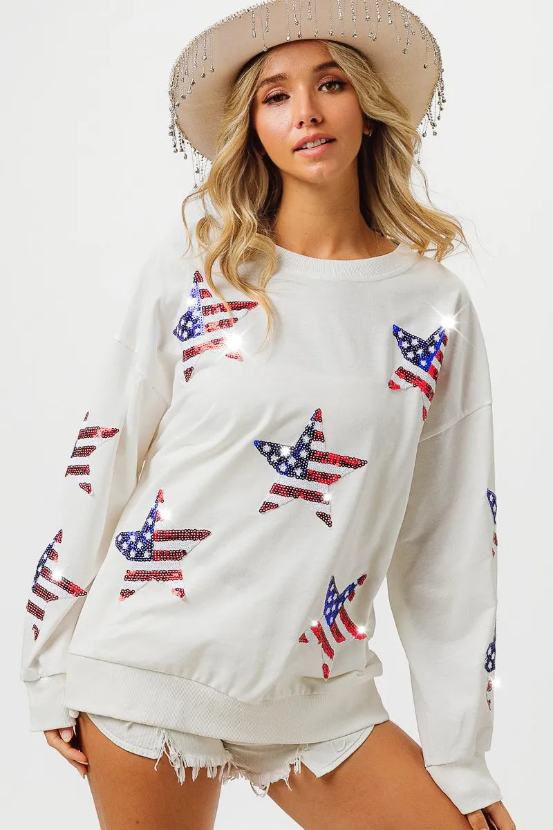 BiBi American Flag Sequin Star Sweatshirt - Patriotic Pullover with Sparkling Stars | Perfect for 4th of July, Veterans Day & USA Themed Parties