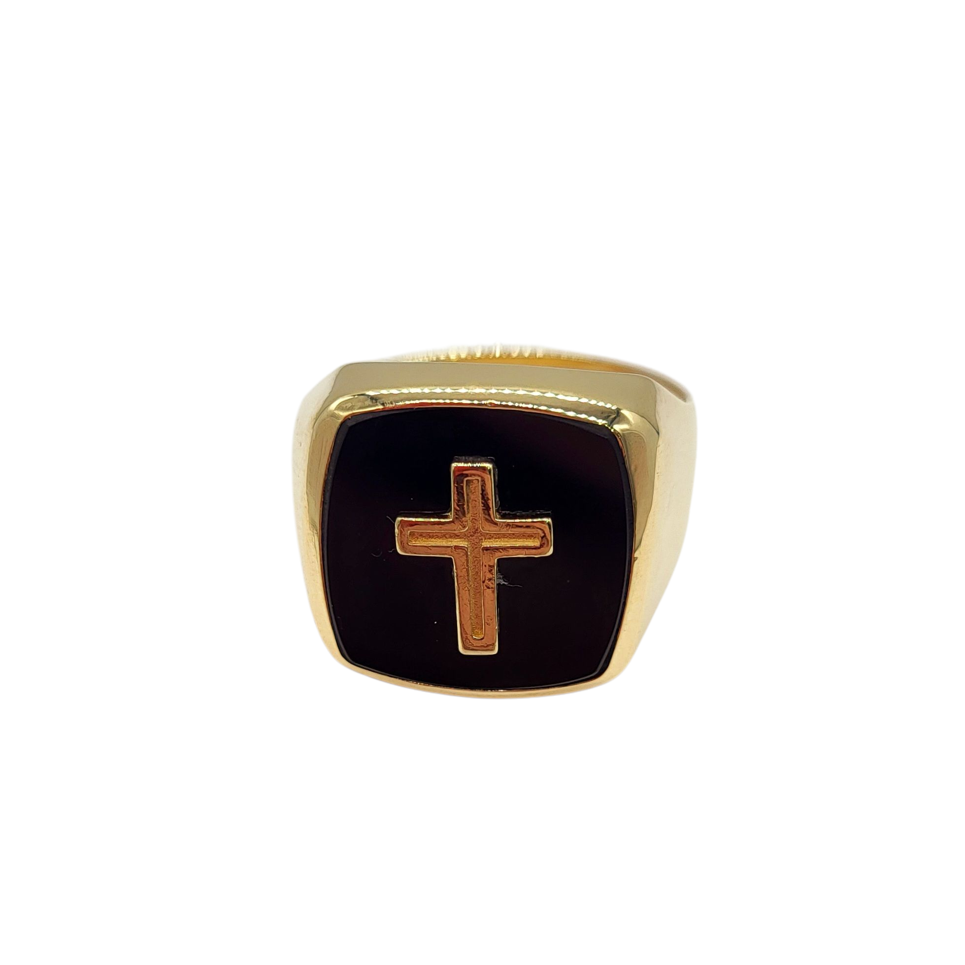 Stylish Black Stone Gold Cross Ring for Men & Women - Elegant Religious Jewelry Gift for Christmas, Baptism, or Everyday Wear