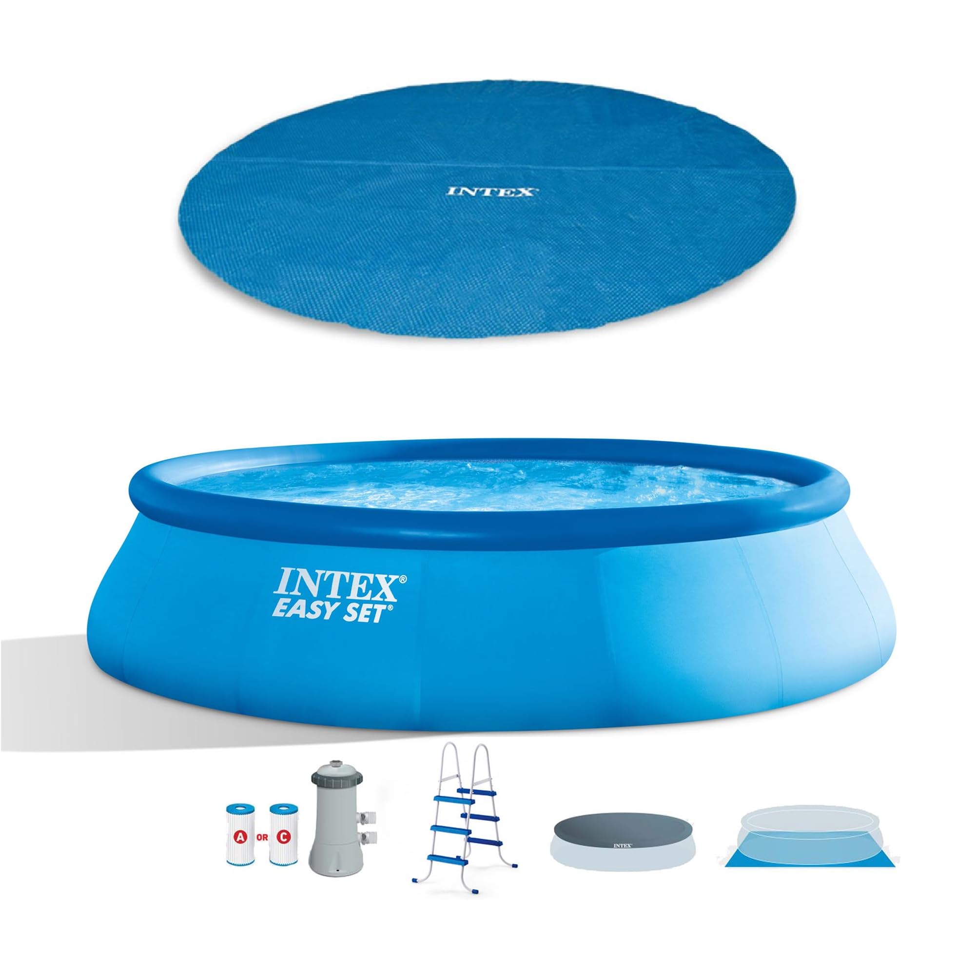 Intex 15ft x 42in Inflatable Easy Set Above Ground Swimming Pool with Filter Pump, Ladder, Ground Cloth & Pool Cover - Perfect for Backyard Fun, Family Gatherings & Summer Relaxation