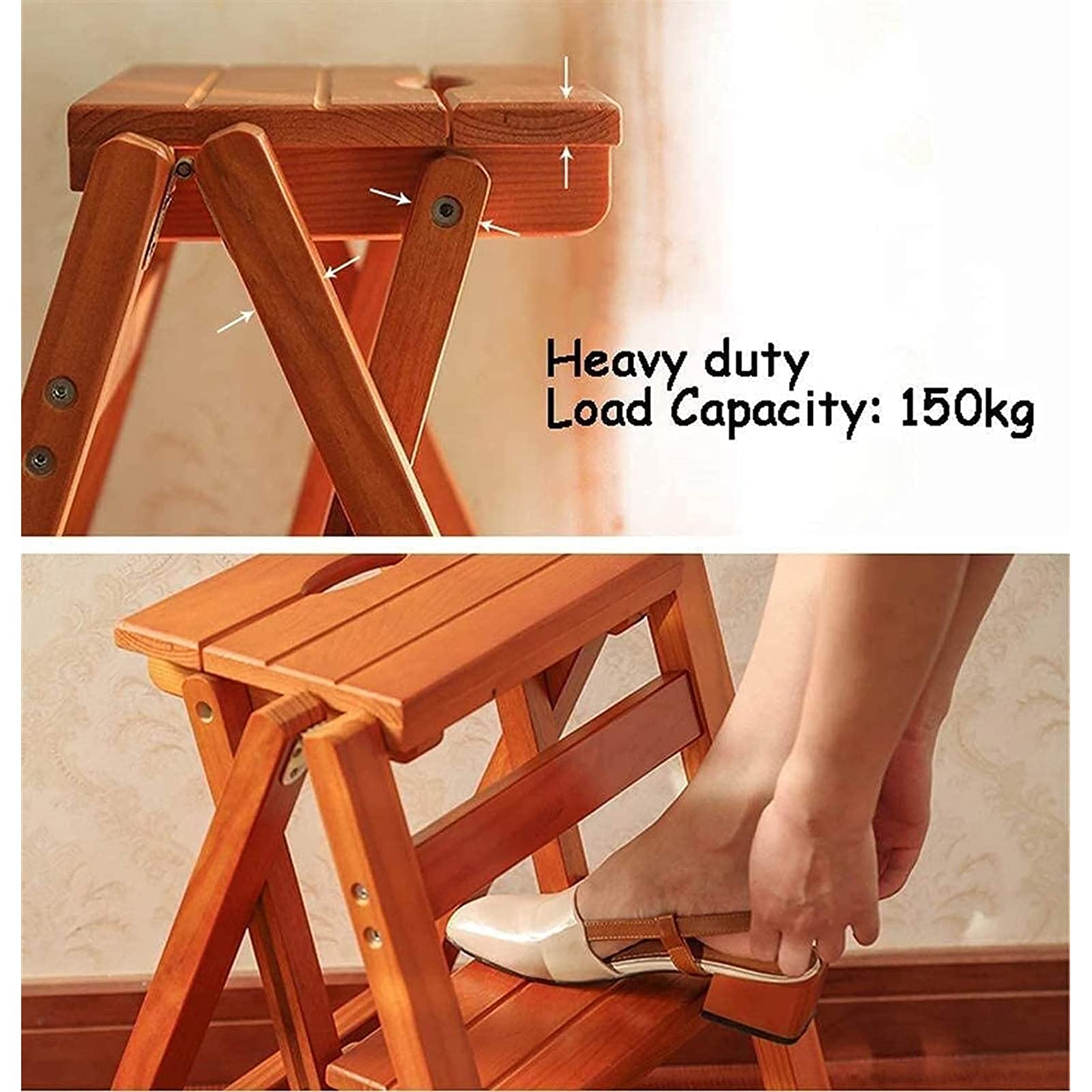 XHALERY 3-Step Folding Wooden Step Stool with Extendable Ladder - Portable Foldable Chair Stool for Kitchen, Bathroom, and Home Use - Perfect for Reaching High Shelves and Storage Spaces