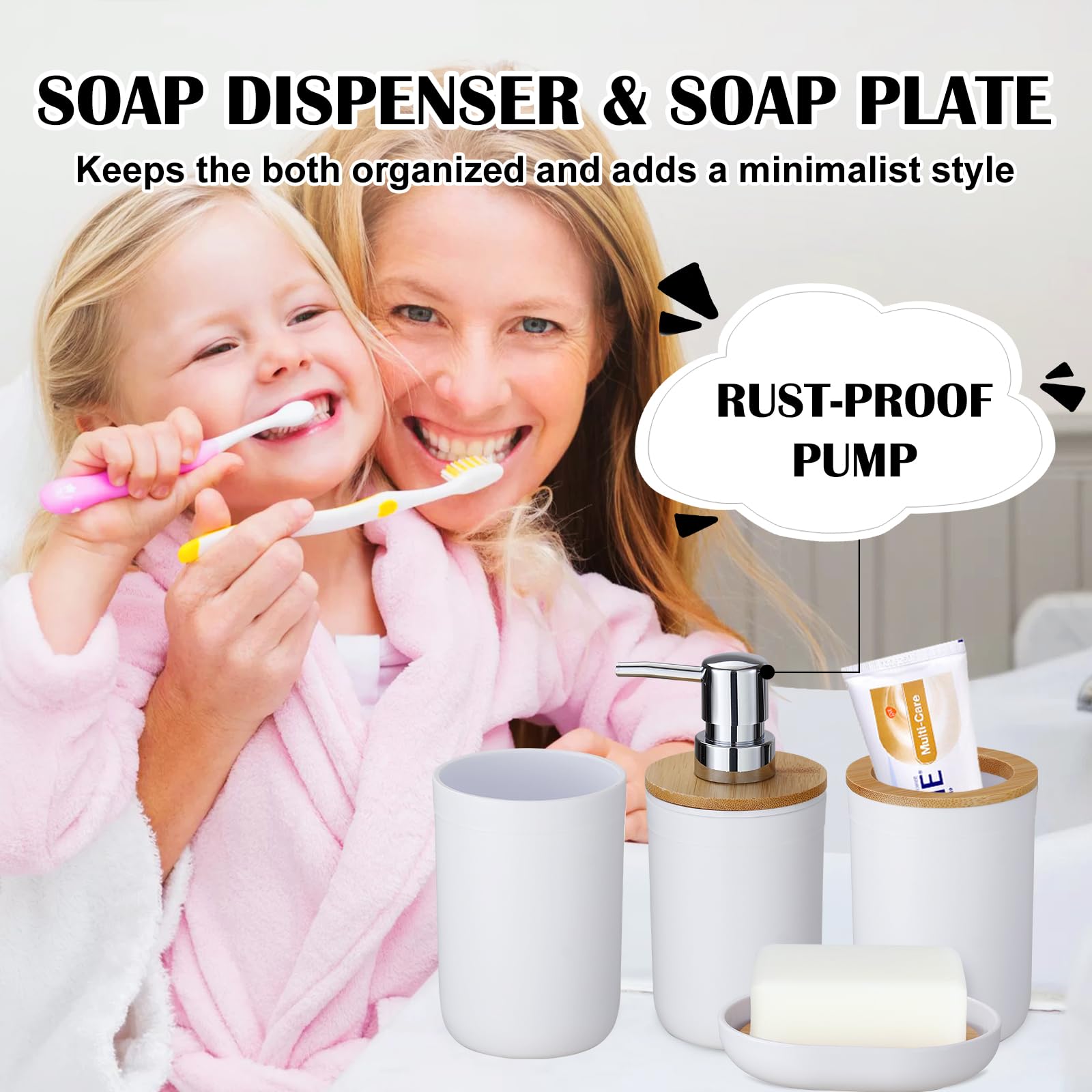 Premium 8-Piece Bathroom Accessories Set - Wooden Trash Can, Toilet Brush, Toothbrush Holder, Soap Dispenser, Soap Dish, Toothbrush Cup & Q-Tip Holder (White Wood Cover) - Perfect for Modern Bathrooms, Guest Suites & Spa-Style Decor