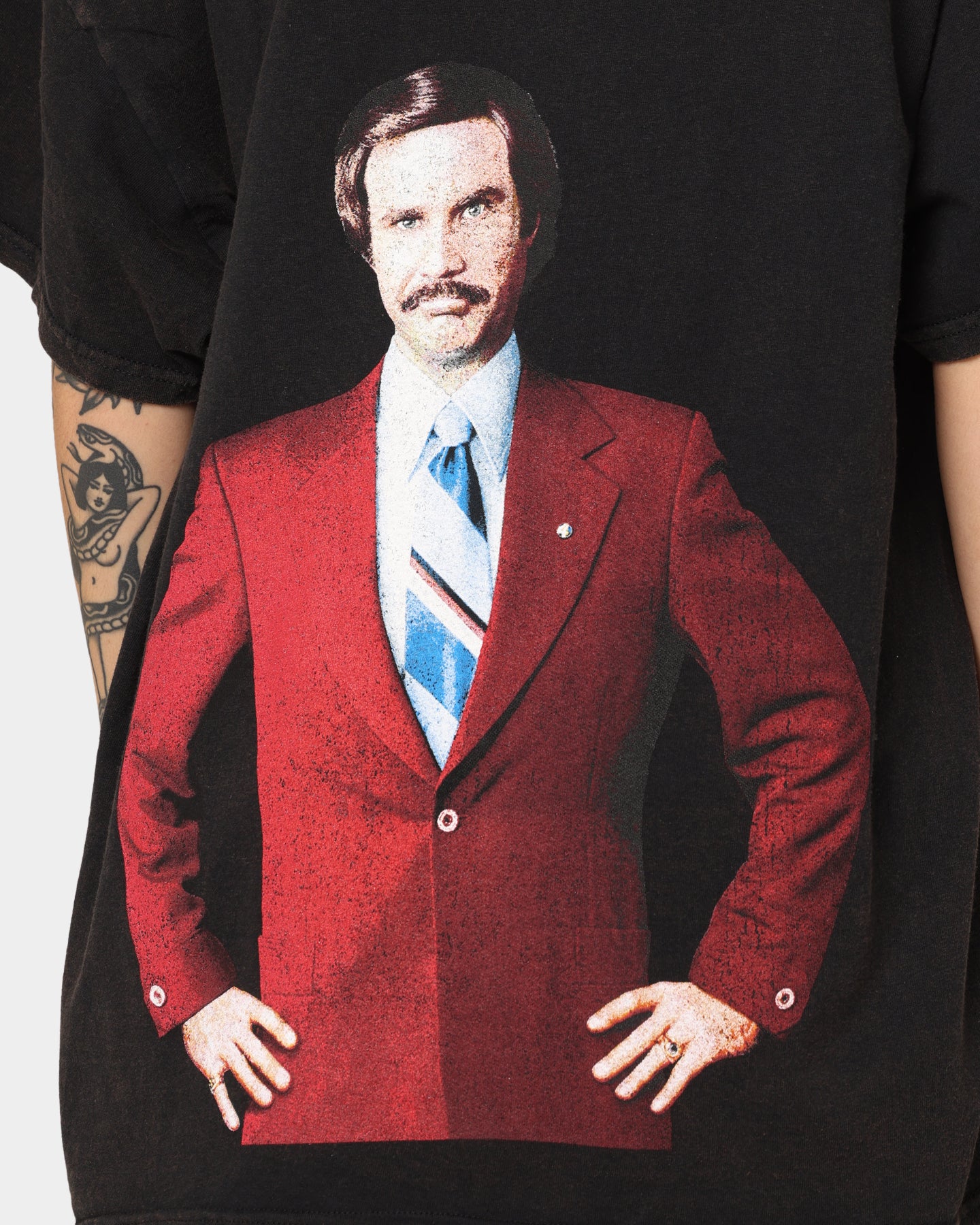 Vintage American Thrift X Anchorman Graphic T-Shirt - Black Washed Cotton Tee for Casual Wear & Movie Fans