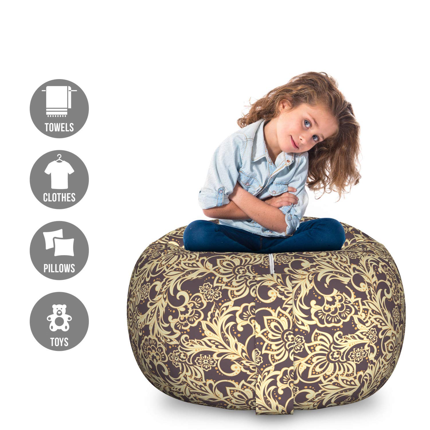 Ambesonne Large Toy Storage Bag Chair - Traditional Eastern Blossom Design with Turkish Influences, Washable Stuffed Animal Organizer (Eggplant & Pale Yellow) | Perfect for Kids' Room, Playroom & Nursery Organization