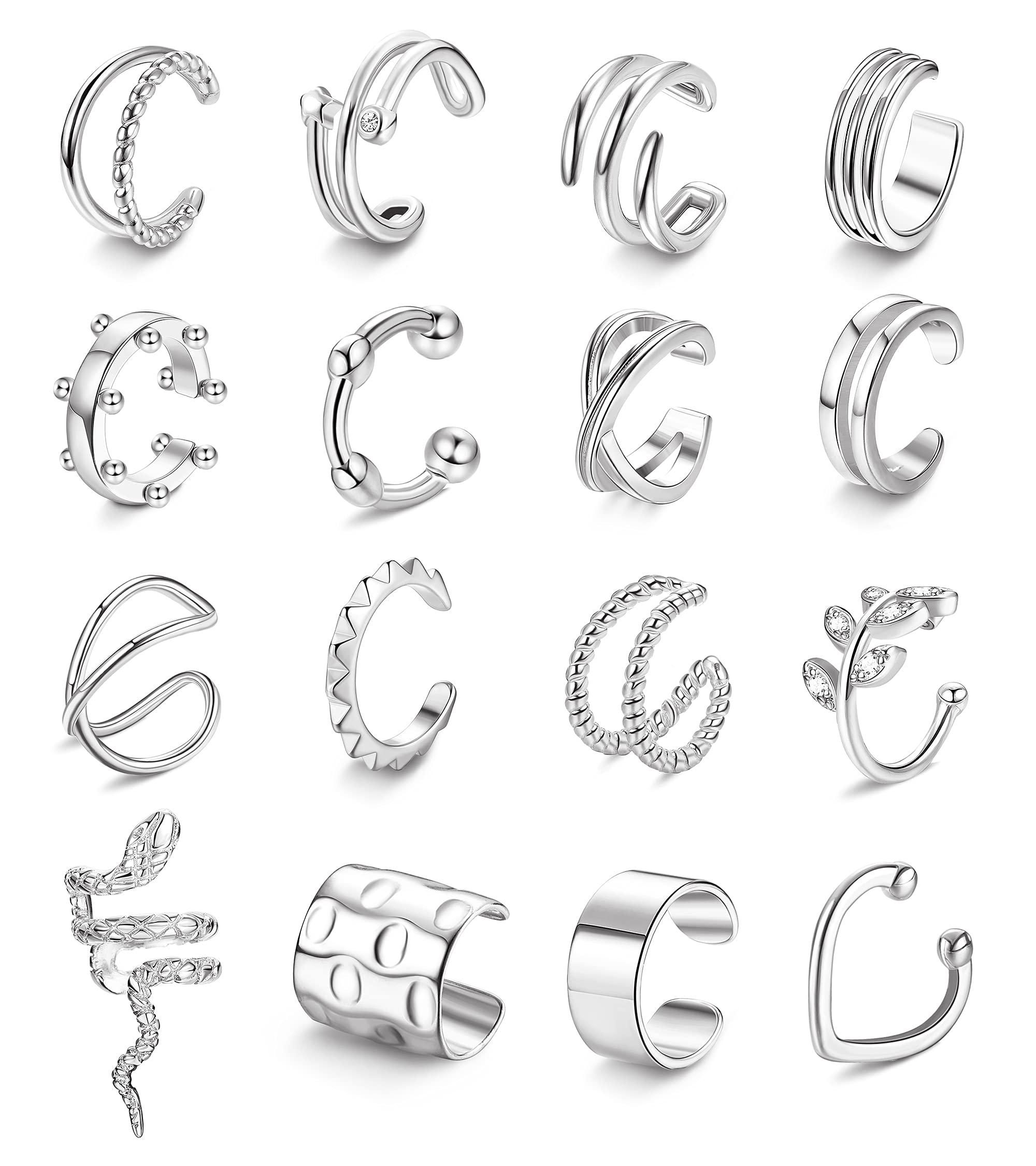 16Pcs Non-Piercing Ear Cuffs for Women & Men - Adjustable Clip-On Cartilage Helix Wrap Earrings Set | Trendy Fake Earrings for Parties, Weddings & Everyday Wear