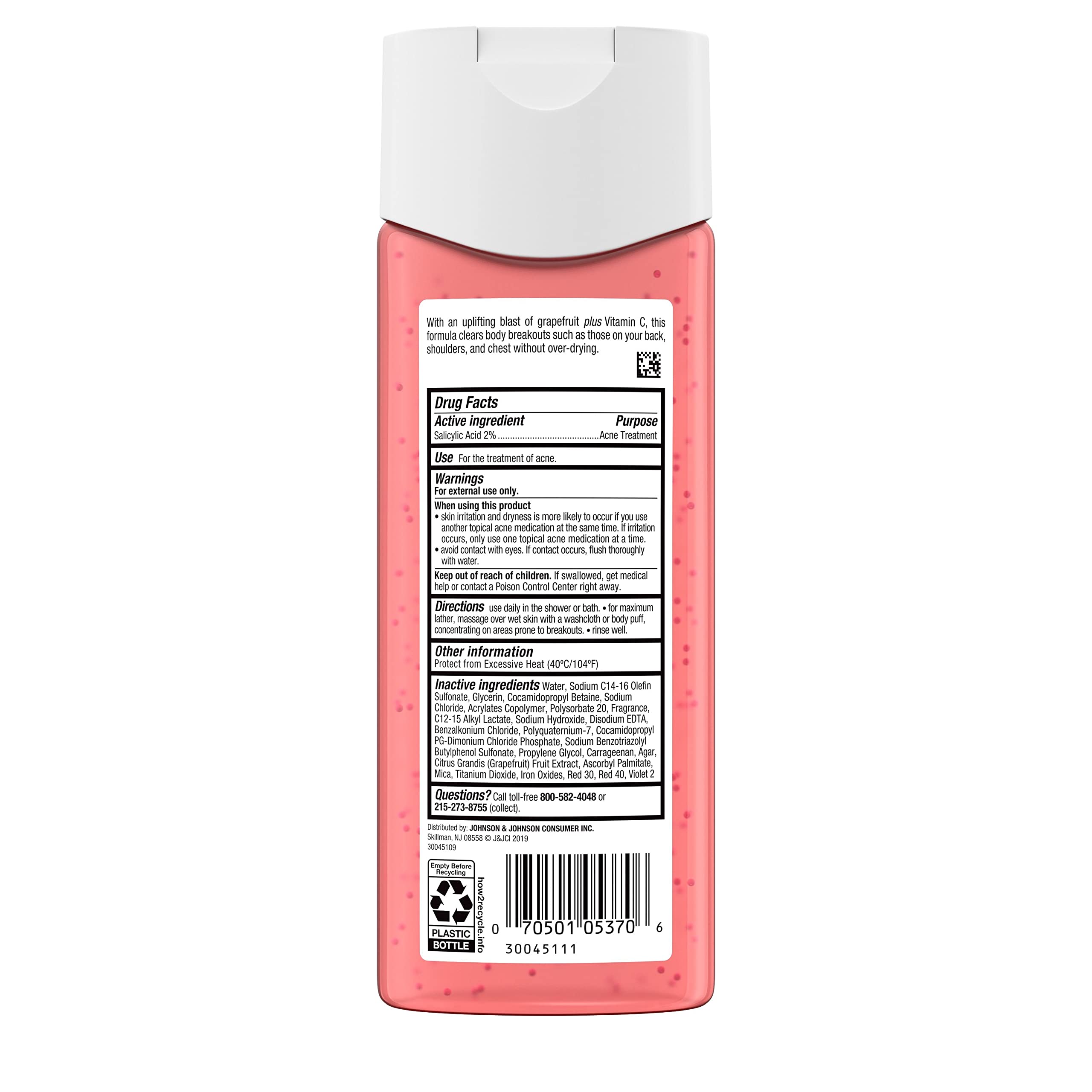 Neutrogena Body Clear Acne Treatment Body Wash with Salicylic Acid - Pink Grapefruit Scented Acne Medicine for Back, Chest & Shoulders - 8.5 fl oz (3 Pack) - Prevent Breakouts & Clear Skin for Gym, Travel & Daily Shower Use