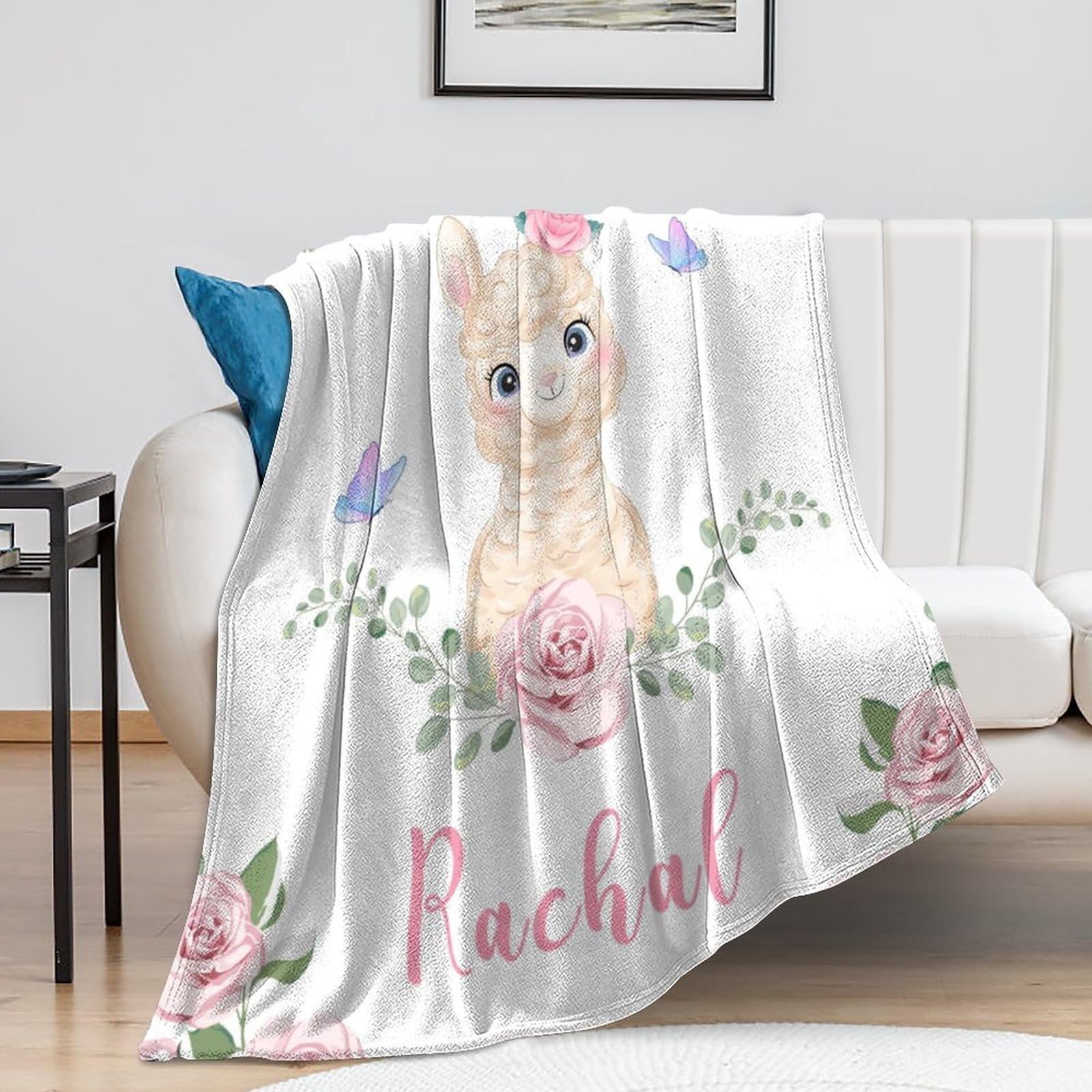 Personalized Baby Blanket for Girls with Name - Custom Alpaca Print Fleece Throw Blanket - 30