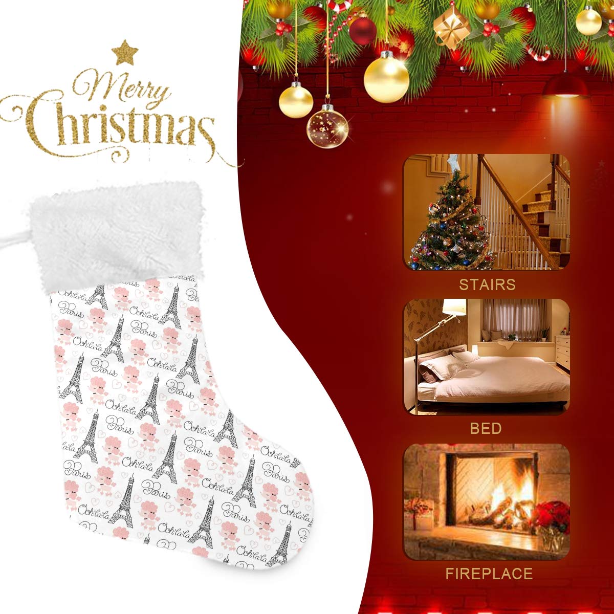 Blueangle Paris Eiffel Tower Christmas Stockings - 2 Pack Festive Holiday Decor for Home, Family Gifts | Perfect for Fireplace Mantel, Xmas Tree Decorations & Cozy Winter Celebrations
