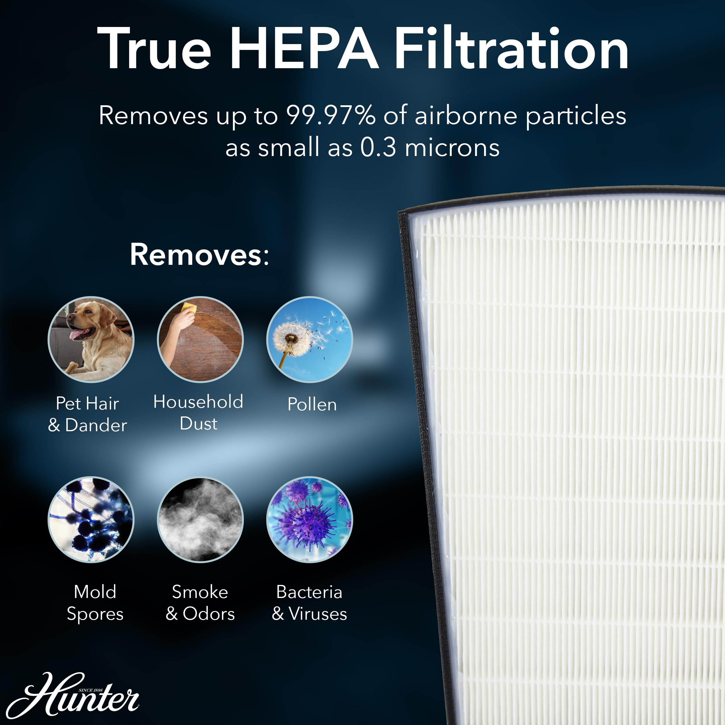 Hunter HP800 True HEPA Air Purifier for Large Rooms & Bedrooms - Removes Pet Dander, Odors, Allergens, Smoke, Dust & VOCs - 4 Fan Speeds with Quiet Sleep Mode - Covers 2585 Sq Ft/Hour - Black - Perfect for Allergy Relief & Cleaner Indoor Air
