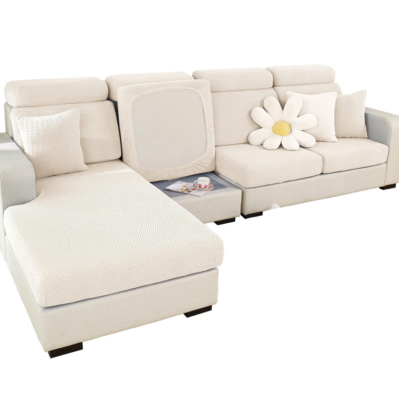 Elastic L-Shaped Sectional Sofa Slipcover with Chaise Lounge Cover - 61-73 Inch Length, 35-43 Inch Width - Durable Furniture Protector for Living Room (Weave White) - Perfect for Pet Owners & Family Gatherings