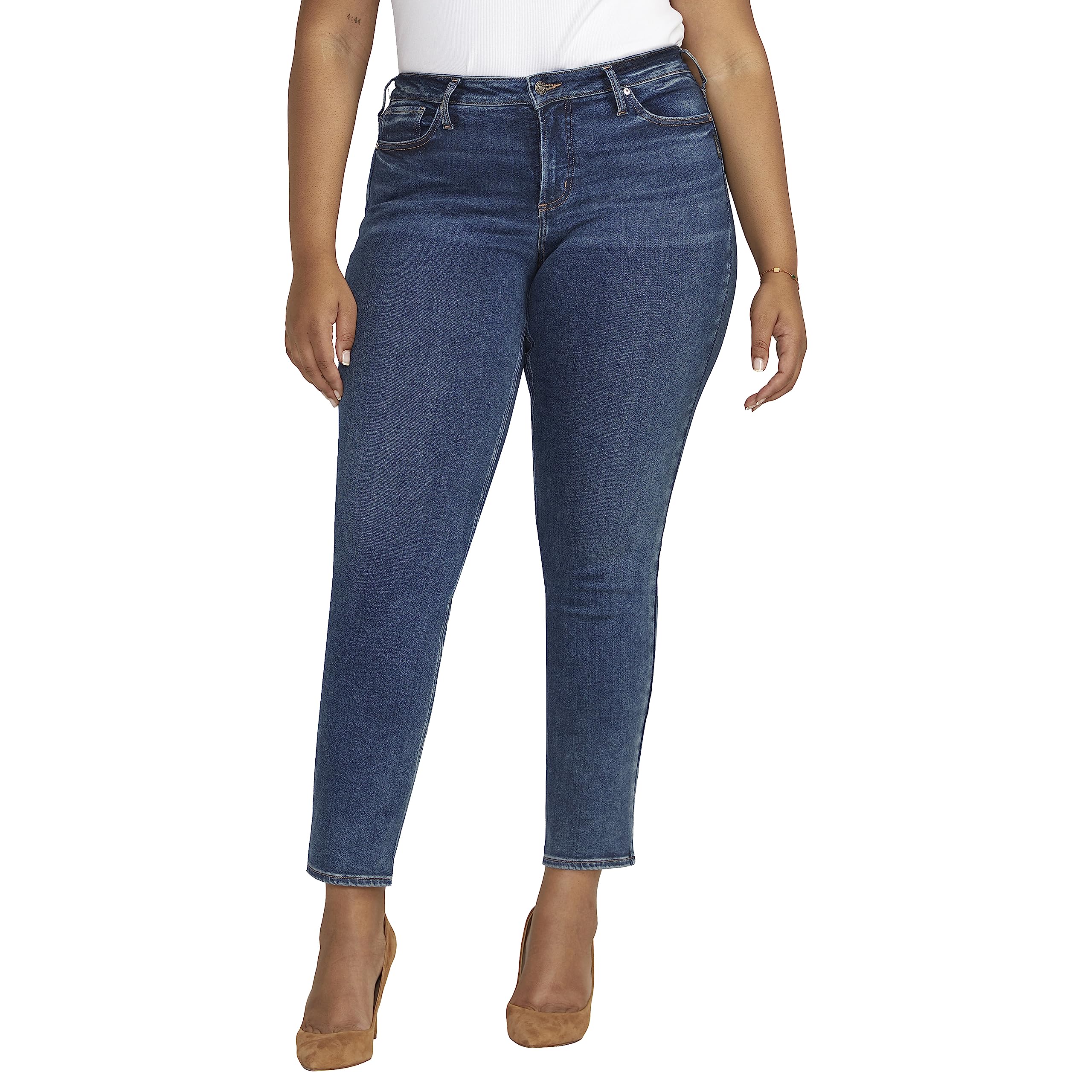 Silver Jeans Co. Women's Plus Size Infinite Fit Mid Rise Straight Leg Jeans - Comfortable Stretch Denim Pants for Curvy Women | Perfect for Work, Casual Outfits & Everyday Wear
