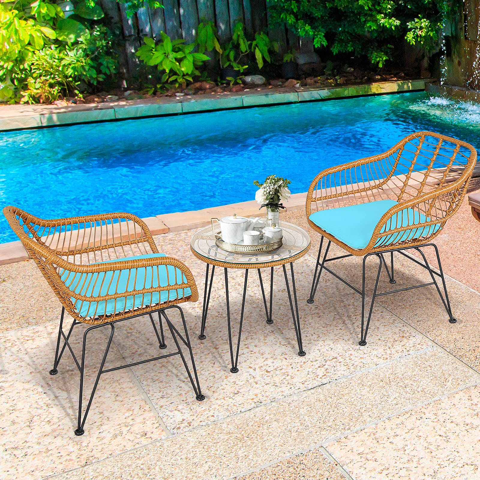 HAPPYGRILL 3-Piece Rattan Bistro Set with Steel Frame Round Coffee Table & Soft Cushions - Outdoor Patio Furniture for Garden, Balcony, or Backyard Relaxation