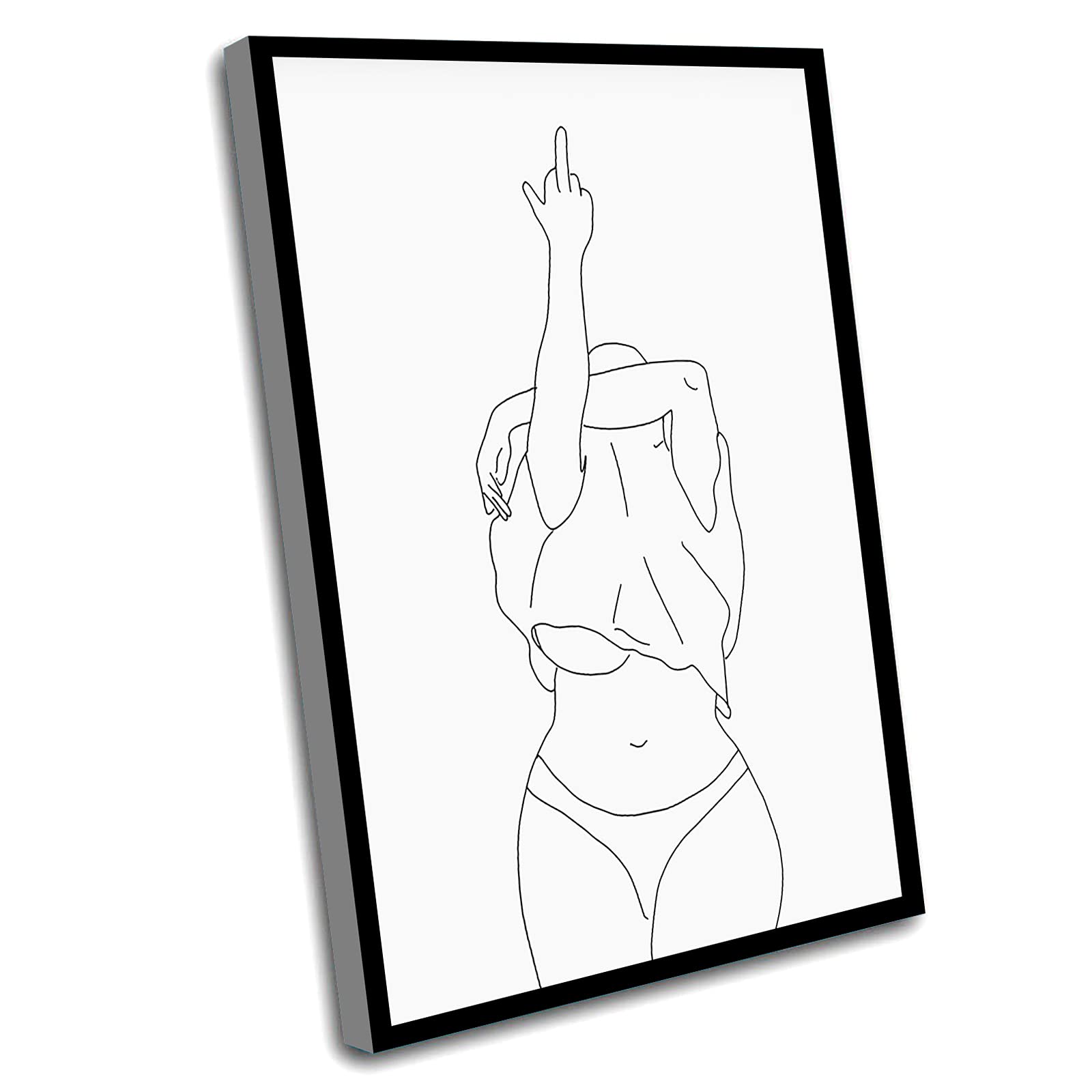 Boho Bathroom Decor - Middle Finger Art & Curvy Female Canvas Wall Art - Body Positive & Feminist Line Art - 12x16 Inch Framed Wall Art for Home, Office & Gift Giving