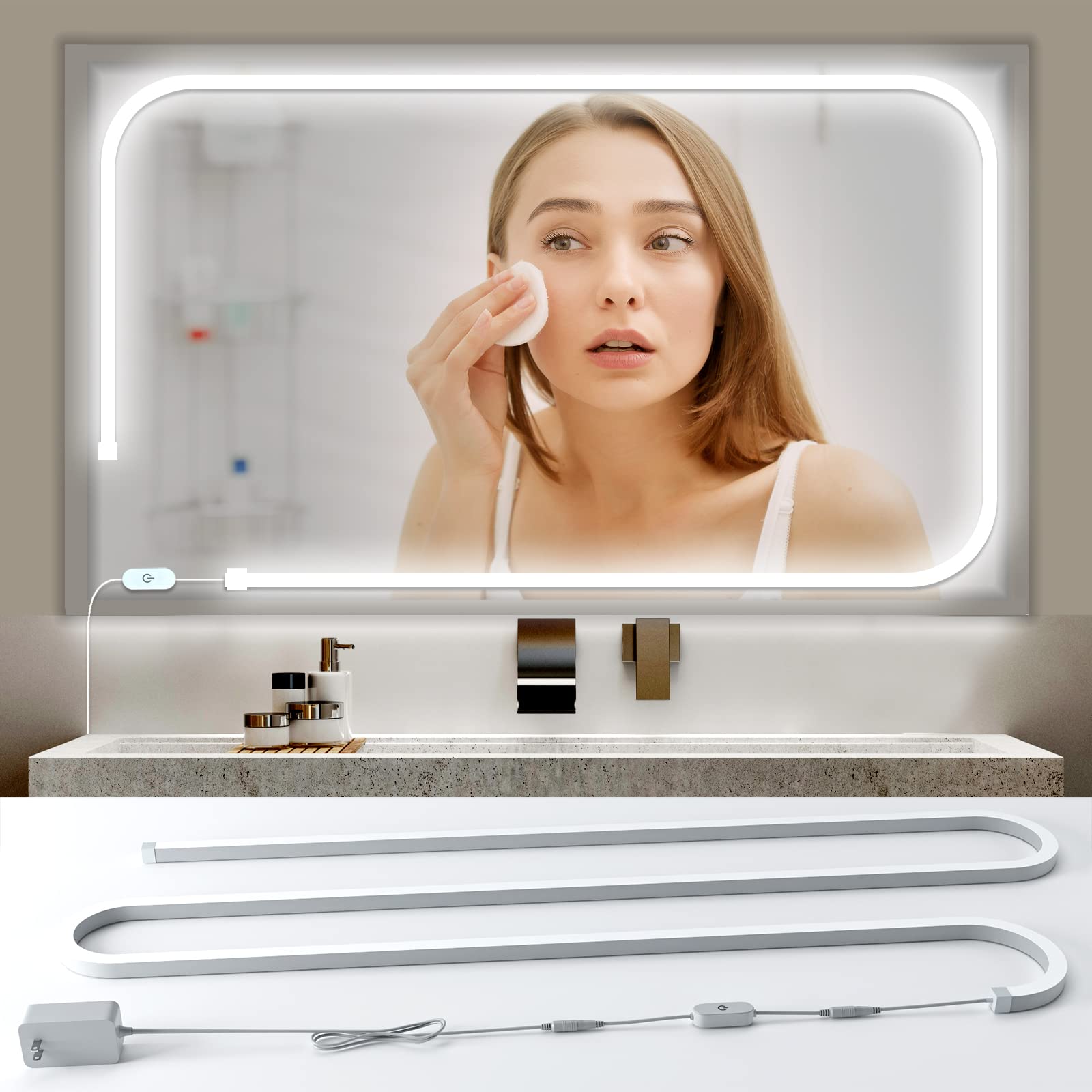 Blikshin 12V LED Vanity Mirror Lights - 6.6FT Dimmable Makeup Lights with ELT Approval (6000K) - Self-Adhesive Bathroom Mirror Lighting for Dressing Room, Makeup Station & Full Body Mirror - Perfect for Home Spa, Salon & Beauty Routines