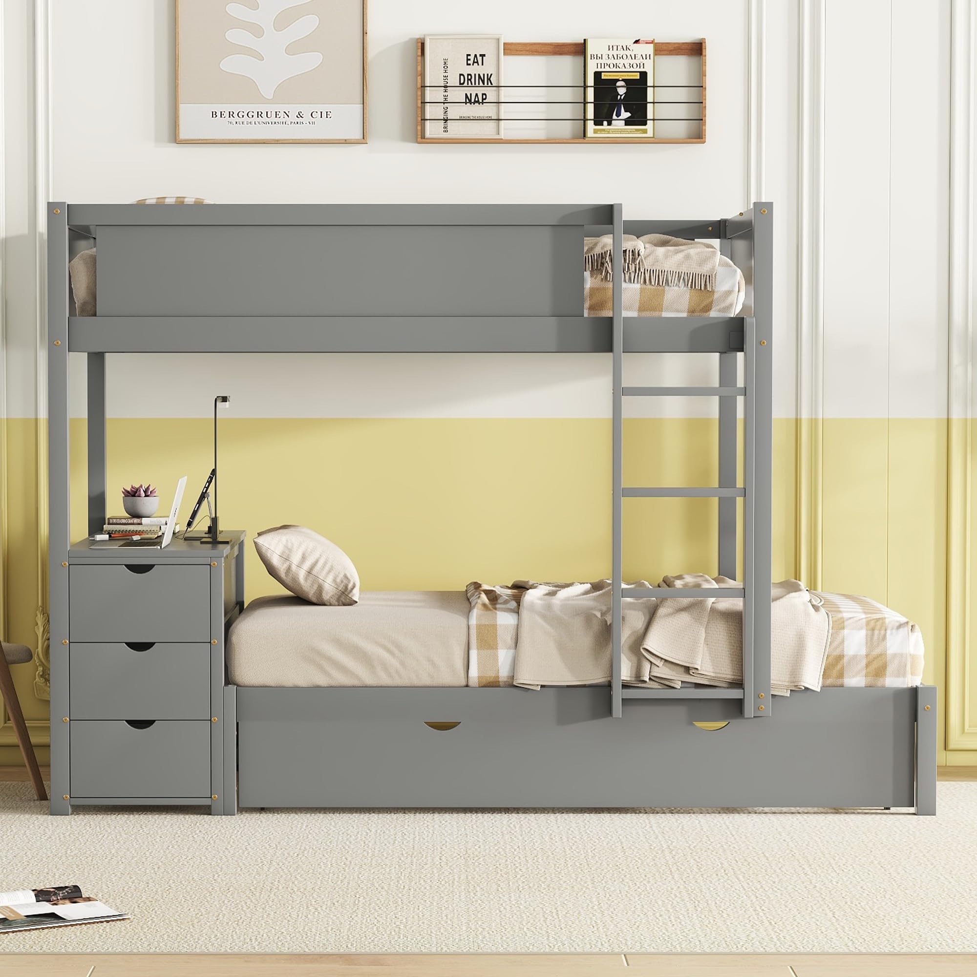 Harper & Bright Designs Twin Over Twin Bunk Bed with Trundle, Desk & Storage Drawers - Solid Wood Bunk Bed Frame for Kids, Teens & Adults - Space Saving Gray Bedroom Furniture for Small Rooms, Guest Rooms & Vacation Homes