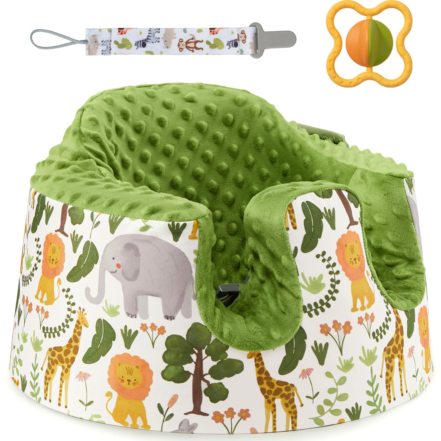 Breathable Baby Bumbo Seat Cover - Soft Floor Seat Cover for Boys & Girls with Pacifier Clips & Safe Teething Bells Toys (Green) | Perfect for Playtime, Feeding, and Learning at Home