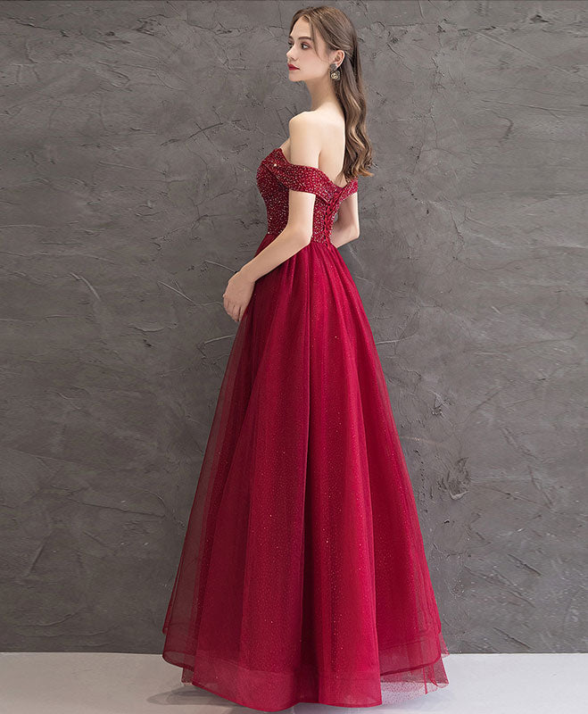 Elegant Burgundy Tulle Off-Shoulder Long Prom Dress for Women - Formal Evening Gown for Homecoming, Wedding Guest, or Special Occasions