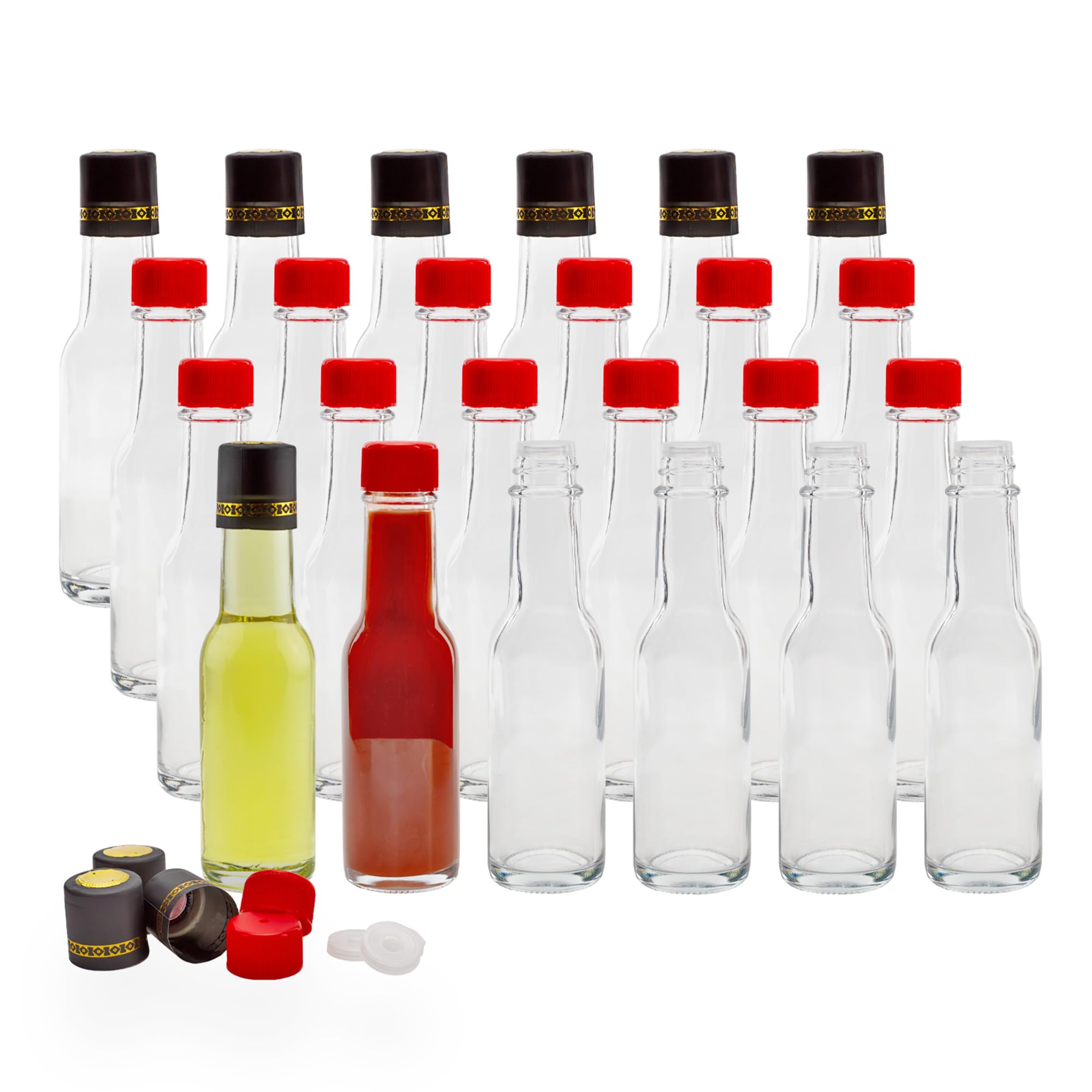 Cornucopia 3oz Mini Hot Sauce Bottles (24-Pack) - Small Sauce Containers with Red Caps, Dripper Inserts & Black Shrink Bands - Perfect for Restaurants, Catering, Parties & Home Use