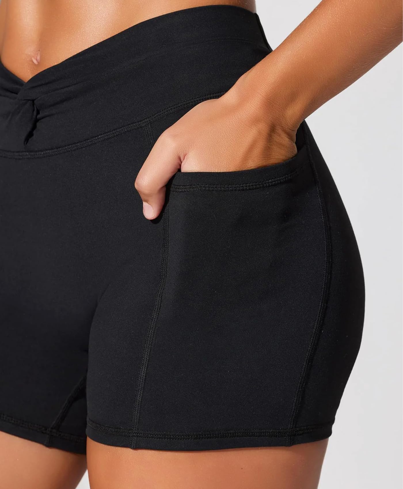 Women's High Waisted Gym Shorts - V Twist Front Workout Shorts with Side Pockets - Perfect for Yoga, Running & Fitness Training