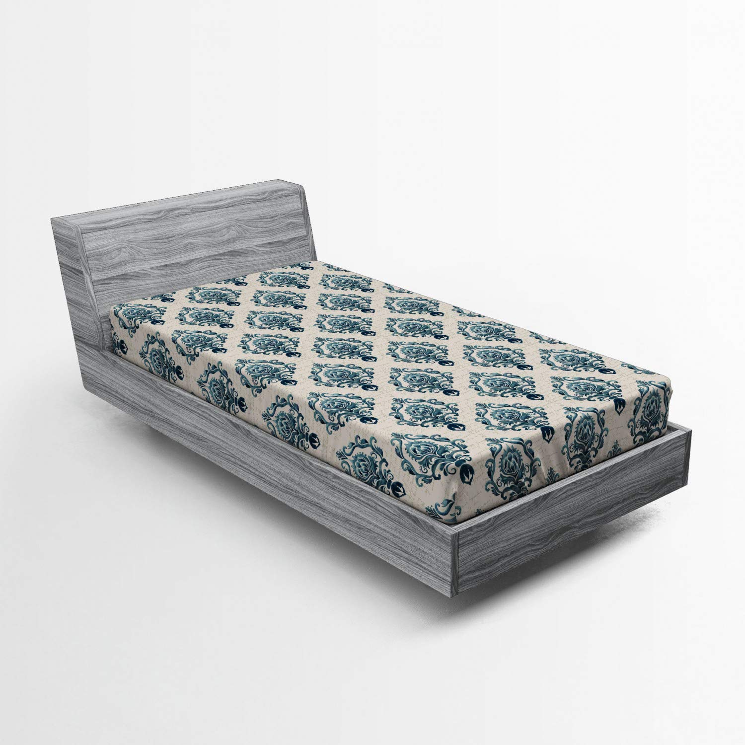Ambesonne Damask Fitted Sheet - Baroque Floral & Handwriting Design, Deep Pocket Elastic Twin Size Bed Sheet in Tan Petrol Blue | Luxury Comfort for Guest Rooms, Dorms & Airbnb Stays