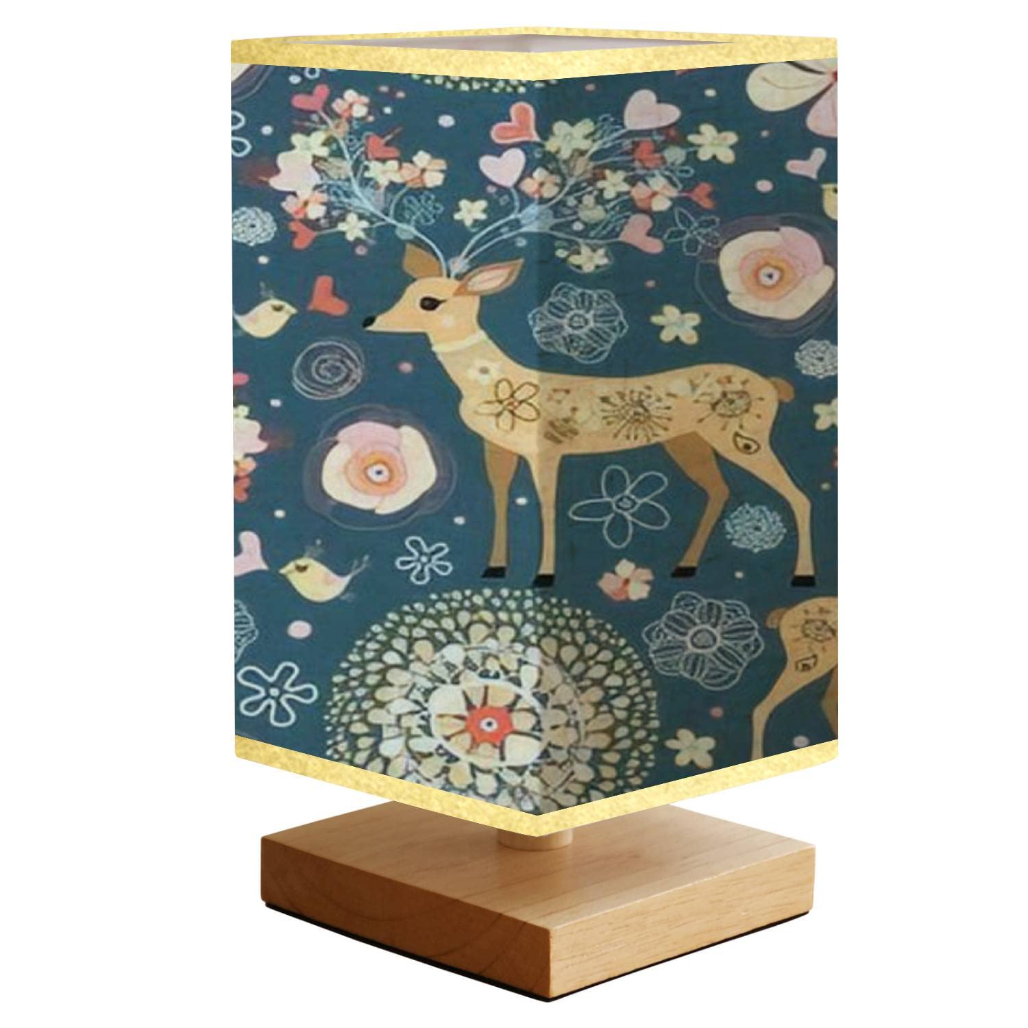 Remote Control Wooden Desk Lamp with Fabric Shade - Flower Deer Design Nightstand Lamp for Bedroom, College Dorm, Living Room | Perfect for Reading, Studying & Creating Cozy Ambiance