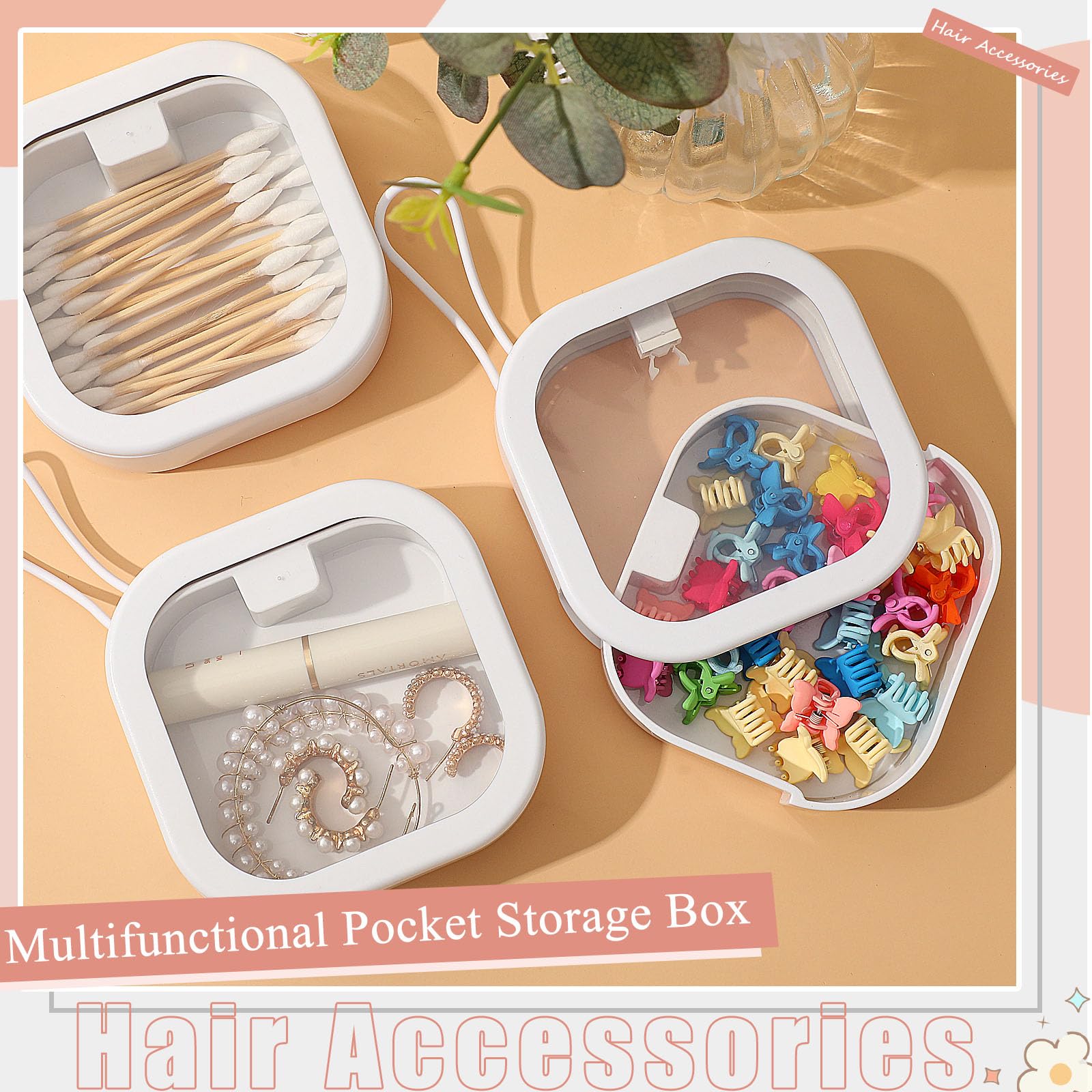 3 Pack Portable Hair Tie Organizer & Travel Q-Tip Holder - Hair Accessories Storage Box with Hanging Hook for Small Items - Perfect Cotton Swab Dispenser for Girls, Women, Moms - Great for Travel, Bathroom & Vanity Organization