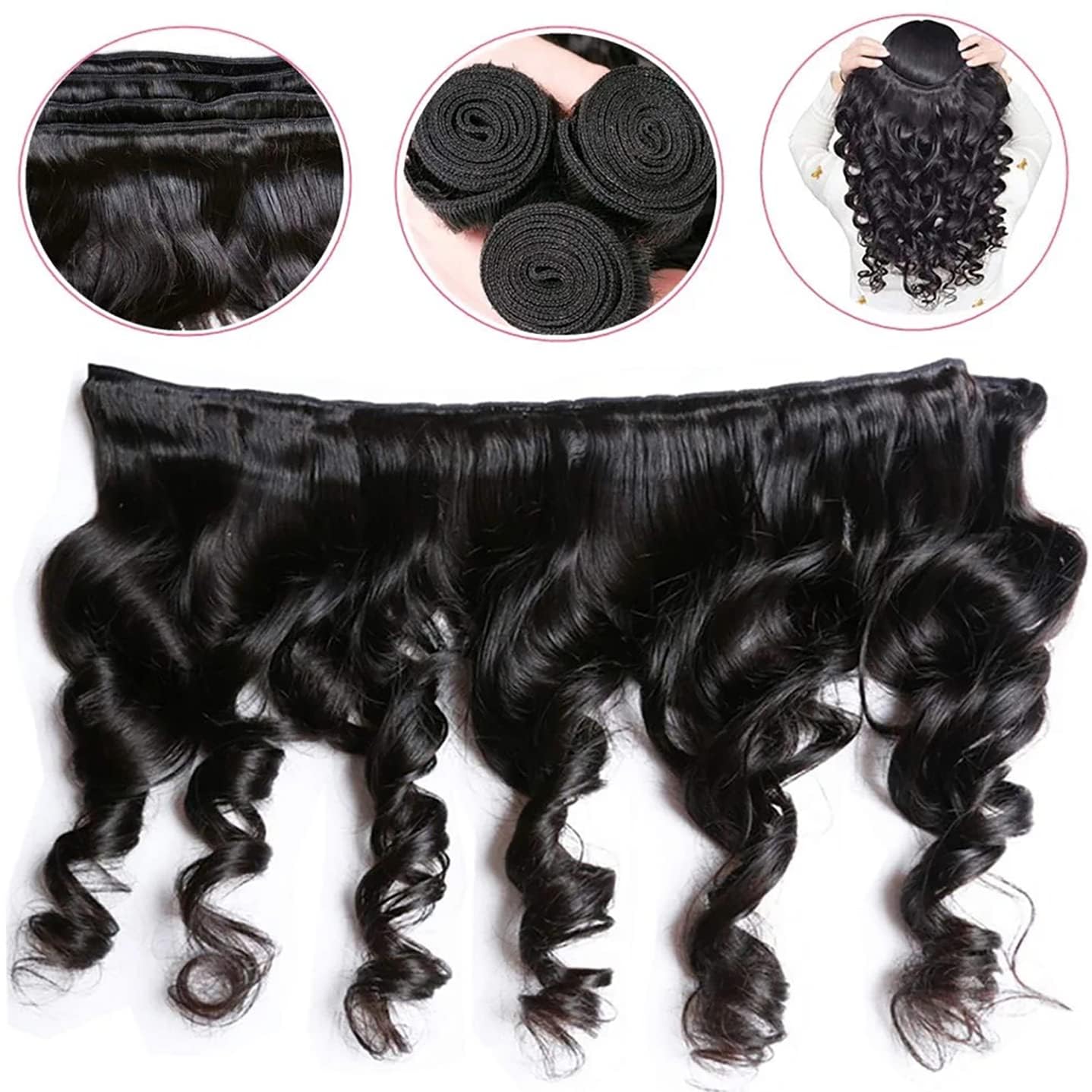 12A Brazilian Human Hair Loose Wave Bundles - 3 Pack 100% Unprocessed Virgin Hair Extensions | Natural Black Deep Wave Weft Hair for Styling & Volume | Perfect for Daily Wear, Parties & Special Occasions