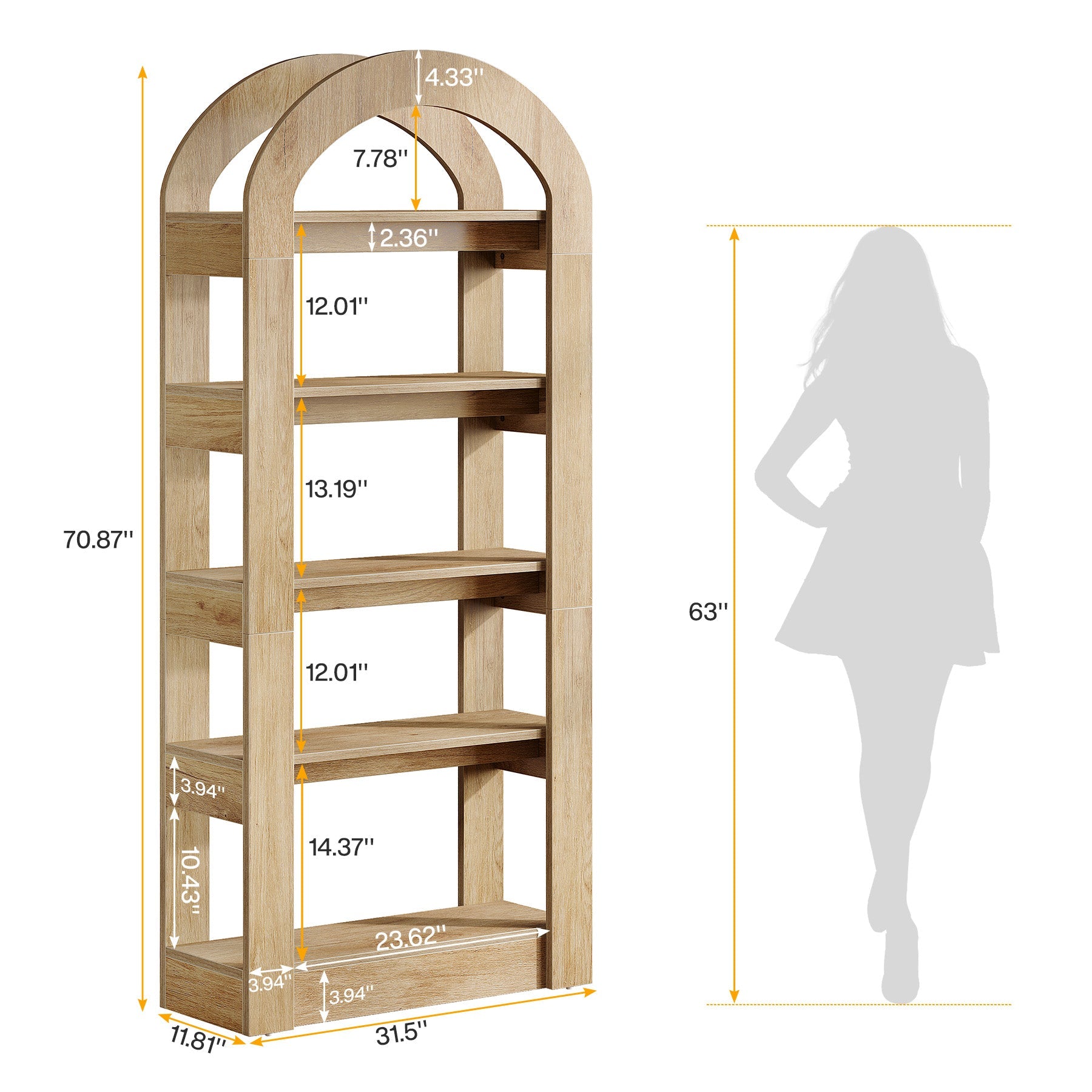 5 Tier Wooden Bookshelf - Arch Shaped Bookcase Display Shelf for Home, Office & Library - Perfect for Organizing Books, Decor & Storage