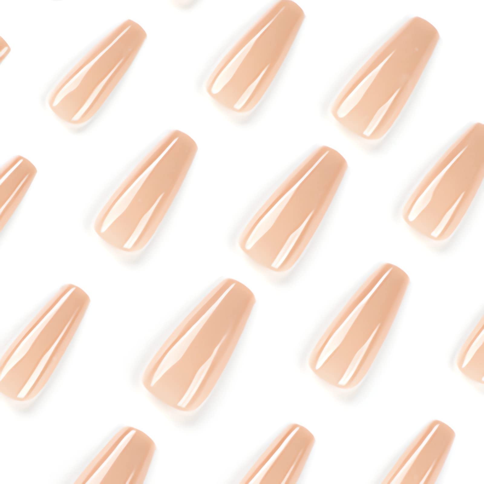 IMSOHOT 24PCS Coffin Press-On Nails - Long Ballerina Fake Nails, Nude Full Cover Acrylic Glossy Stick-On Nails for Women | Perfect for Parties, Weddings & Everyday Glam