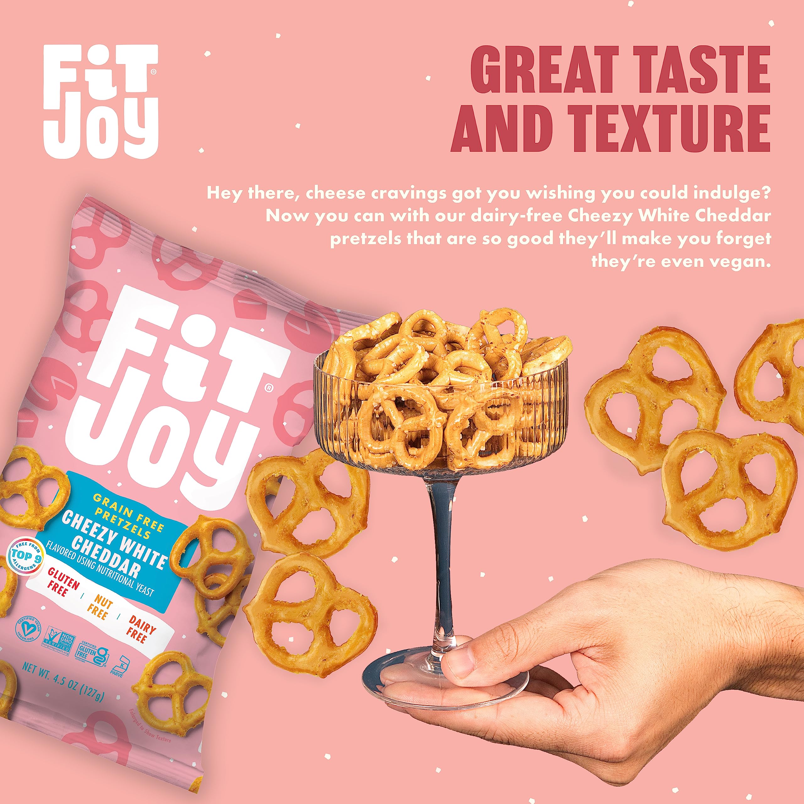 FitJoy Gluten Free Pretzels - White Cheddar Twists, Grain Free, Non-GMO, Vegan Certified Snacks (4.5 Oz, 6 Pack) | Crunchy USA-Made Pretzel Sticks for School Lunches, Movie Nights & Healthy On-the-Go Snacking