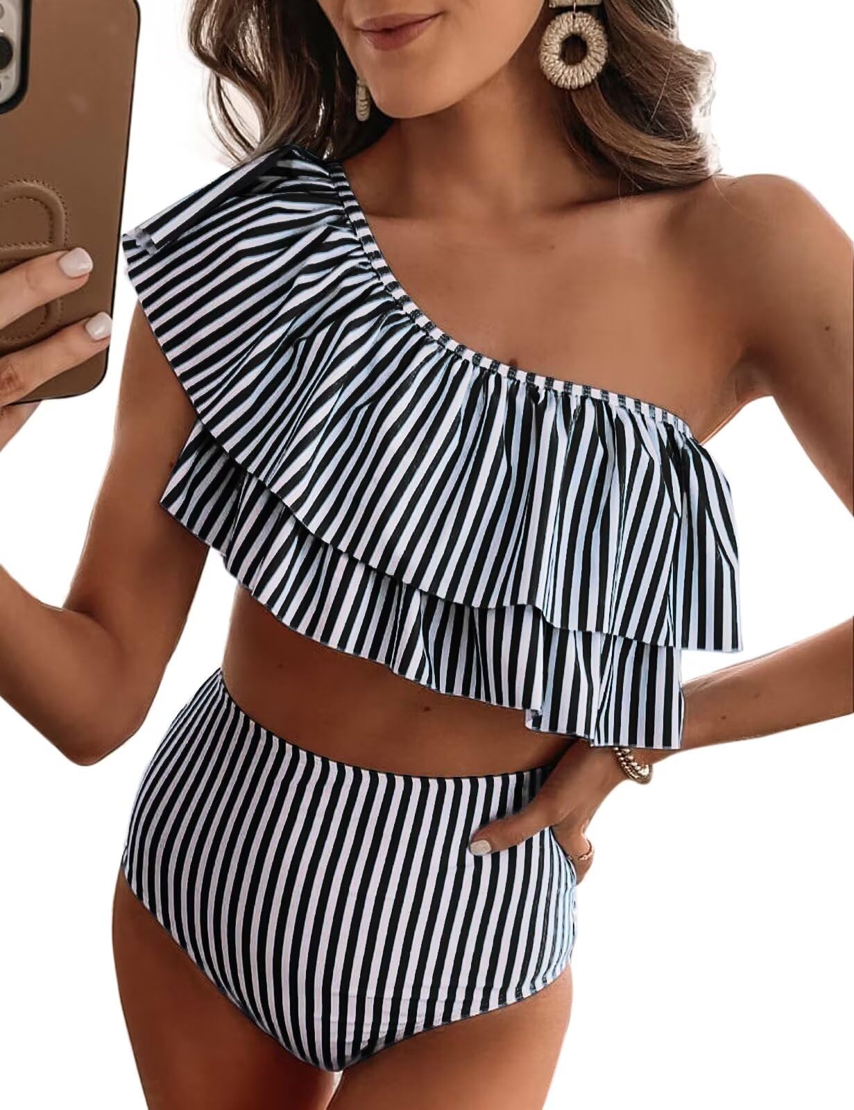 VIMPUNEC Women's Striped High Waisted Ruffle One Shoulder Two Piece Swimsuits - Sexy Bathing Suit for Beach, Pool Party & Summer Vacation