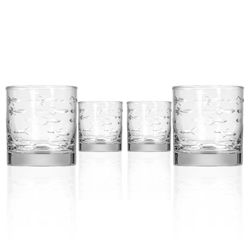 Premium 10oz Whiskey Glasses Set of 4 - School of Fish Design - Perfect for Scotch, Bourbon & Cocktails - Ideal for Home Bars, Gifts & Entertaining