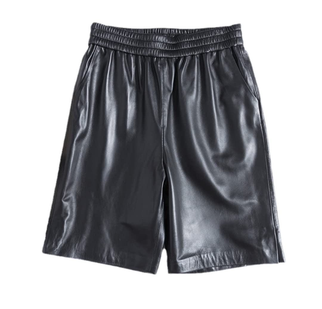 Wvapzxx Women's Real Leather Knee-Length Bermuda Shorts - Elastic Waist, Wide Leg Design with Pockets | Perfect for Casual Outings, Summer Vacations & Stylish Everyday Wear