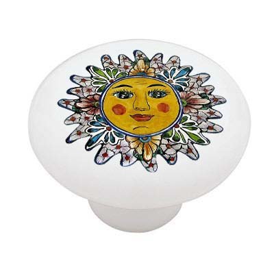Hand-Painted Mexican Talavera Ceramic Drawer Knobs - Pastel Floral Sun Design - Vintage Cabinet Hardware for Kitchen, Bathroom & Furniture (Set of 6)