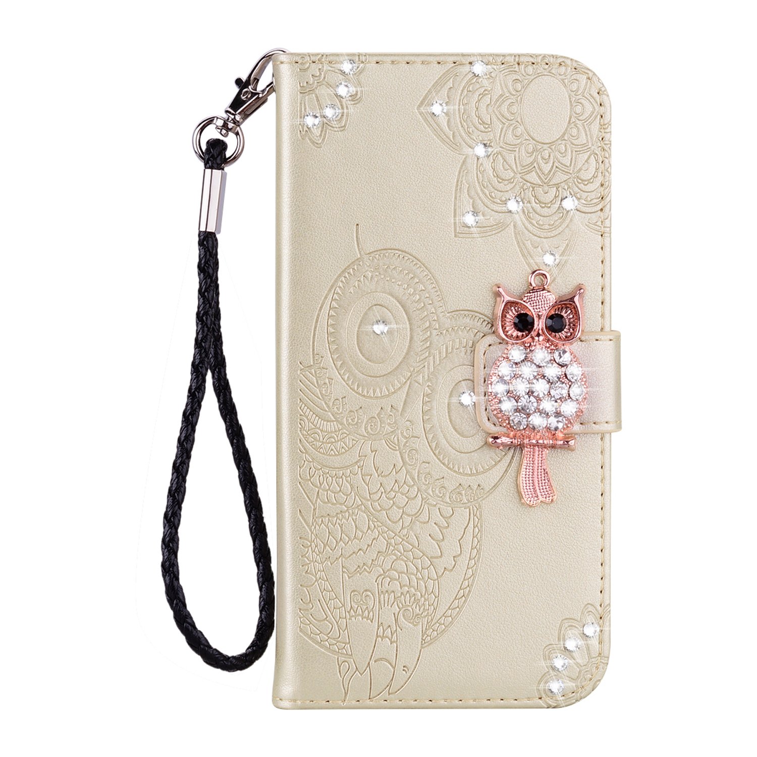 Premium Glitter Bling Diamond PU Leather Wallet Case for iPhone 13 Pro Max - Credit Card Holder & Wrist Strap Included (Owl Gold) | Stylish Protective Flip Cover for Everyday Use & Special Occasions