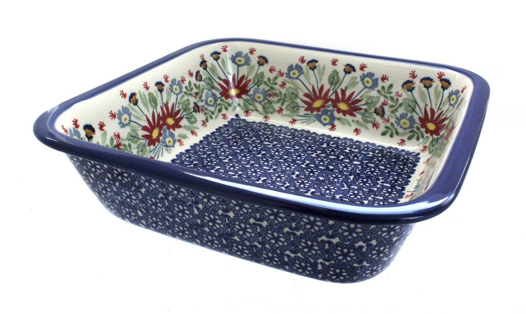 Blue Rose Polish Pottery Jungle Bouquet Large Square Baker - Handmade Ceramic Baking Dish for Casseroles, Bread & Desserts - Perfect for Holiday Dinners & Rustic Kitchen Decor