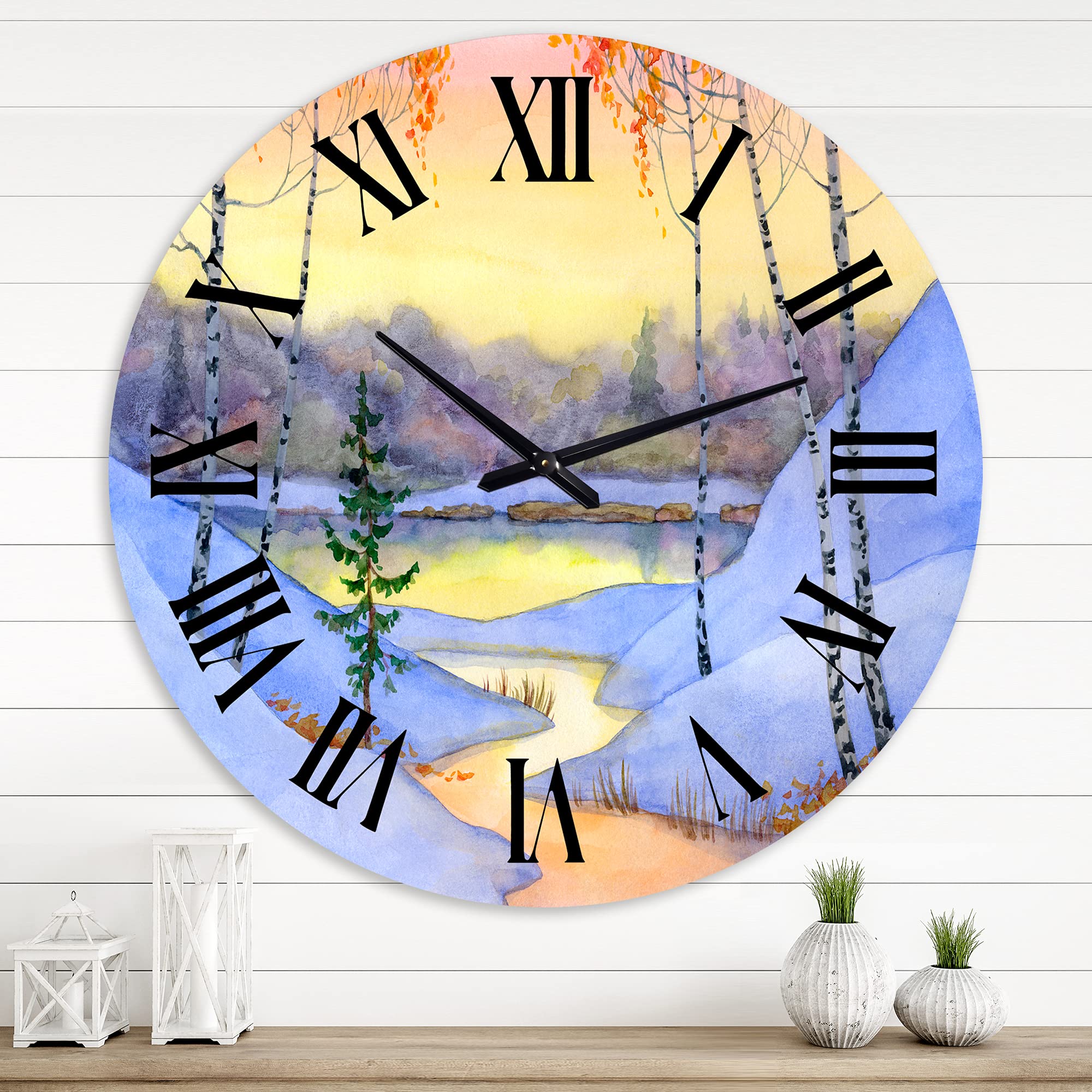 DesignQ Lake House Wall Clock 'Stream in The Winter Forest II' - Large Nature Landscape Wall Art for Living Room, Bedroom & Office Decor - Perfect for Rustic, Farmhouse & Modern Home Interiors